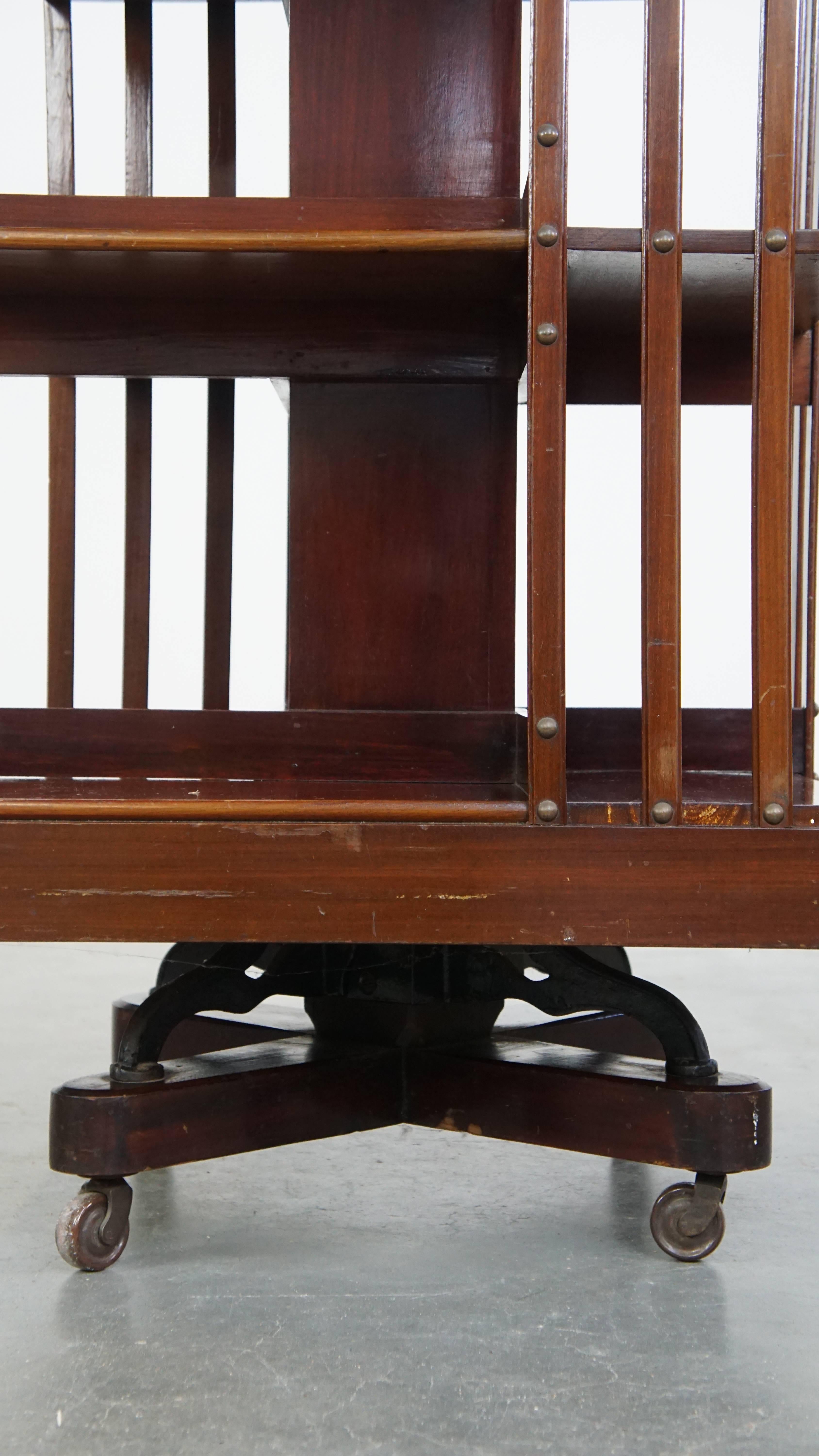 Large Antique Wooden English Book Carousel with Cast Iron Base For Sale 7