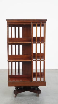 Large Antique Wooden English Book Carousel with Cast Iron Base