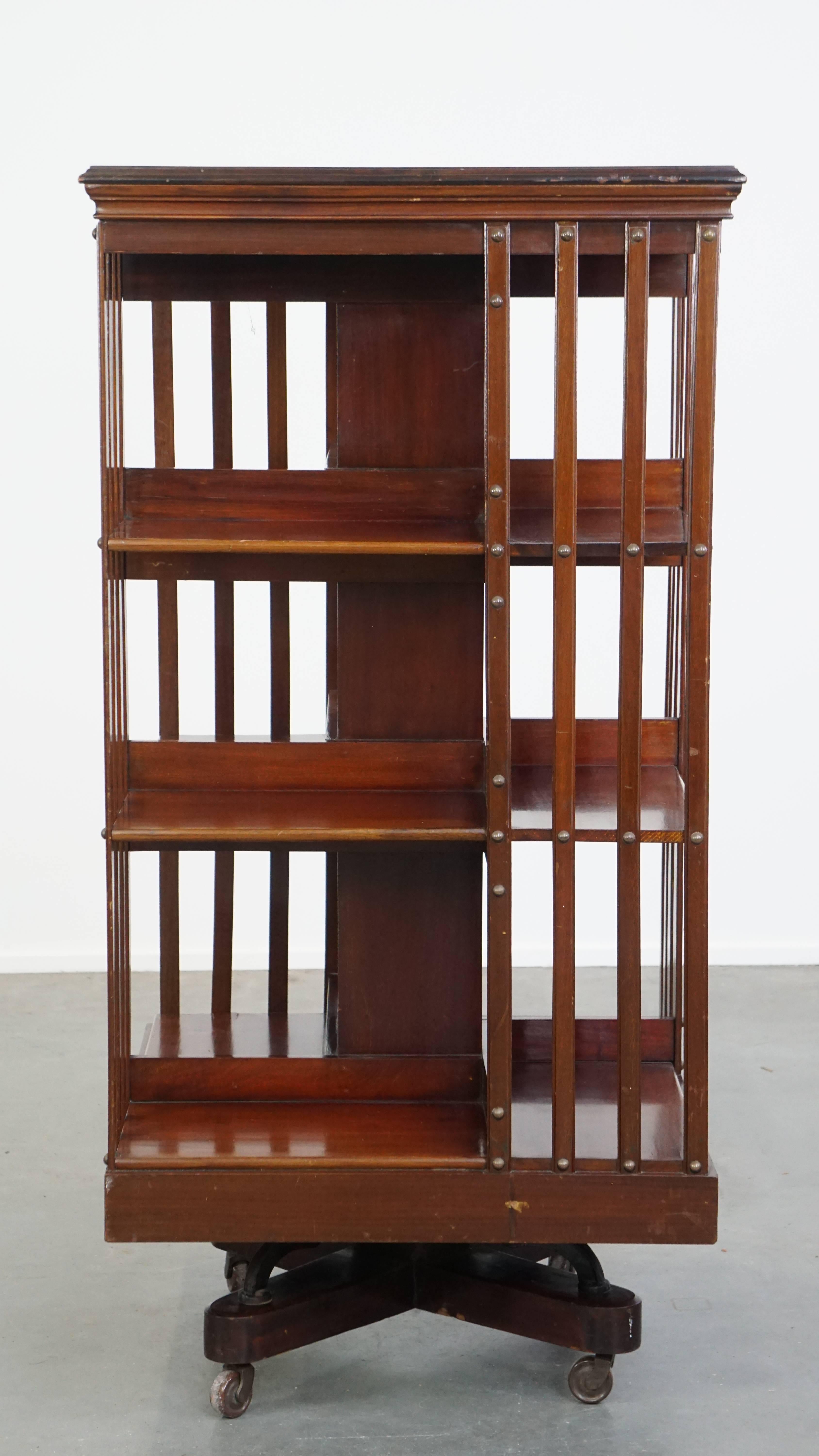 Hand-Crafted Large Antique Wooden English Book Carousel with Cast Iron Base For Sale