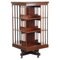 Large Antique Wooden English Book Carousel with Cast Iron Base