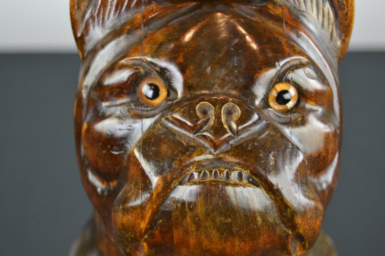 Large Antique Wooden French Bulldog Brush Holder, Late ...