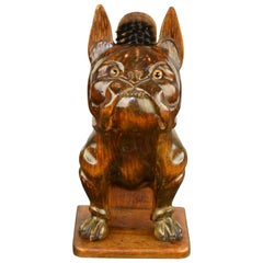Large Antique Wooden French Bulldog Brush Holder, Late 19th Century