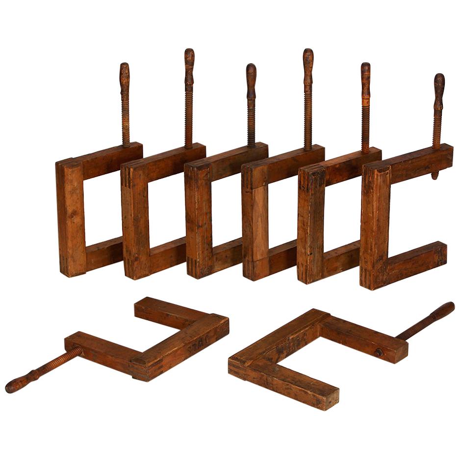 Large Antique Wooden Screws Clamps Clips, Set of 8 For Sale