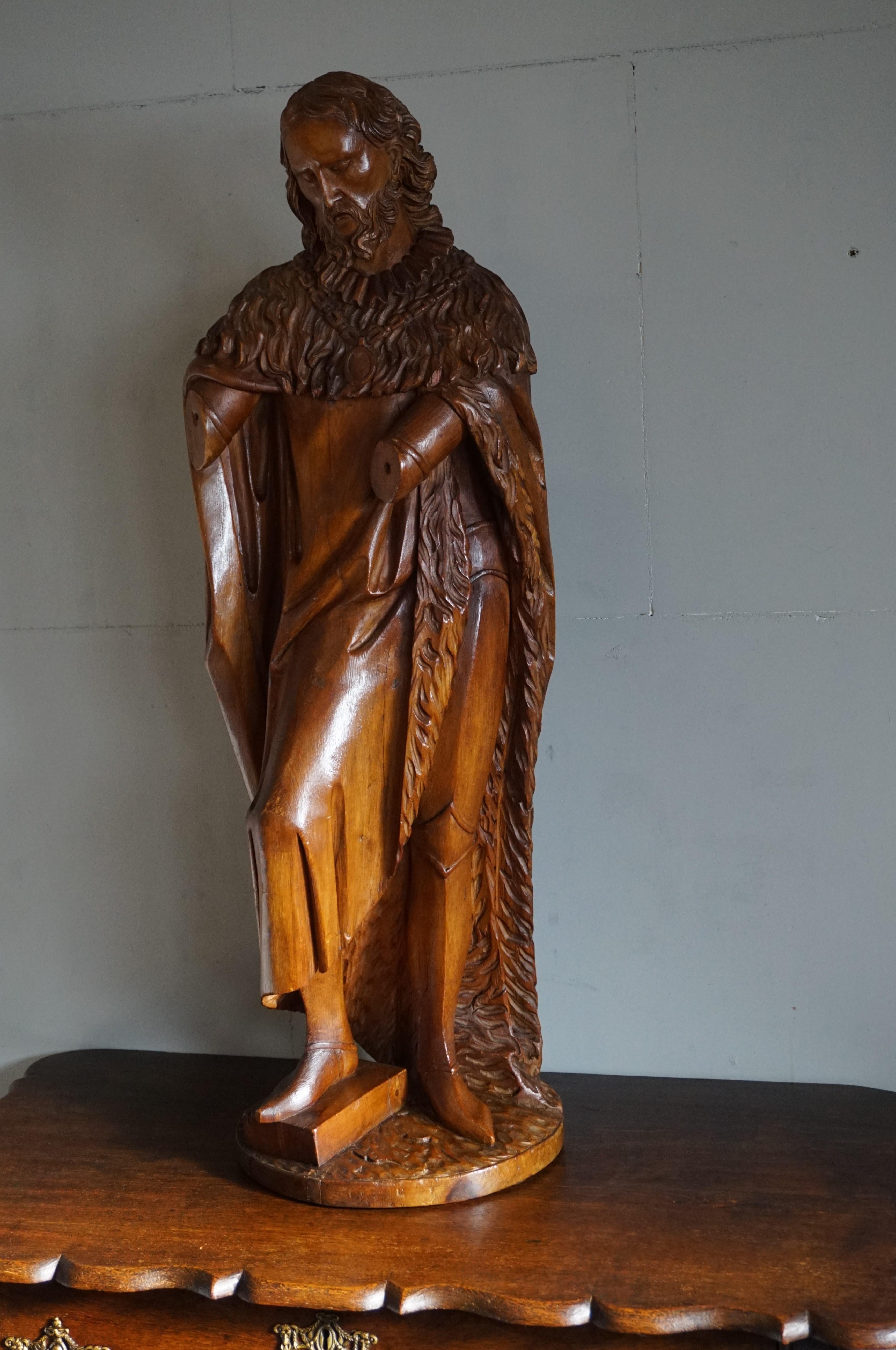 Large Antique Wooden Sculpture of John the Baptist w. Stunning Hand Carved Face 3