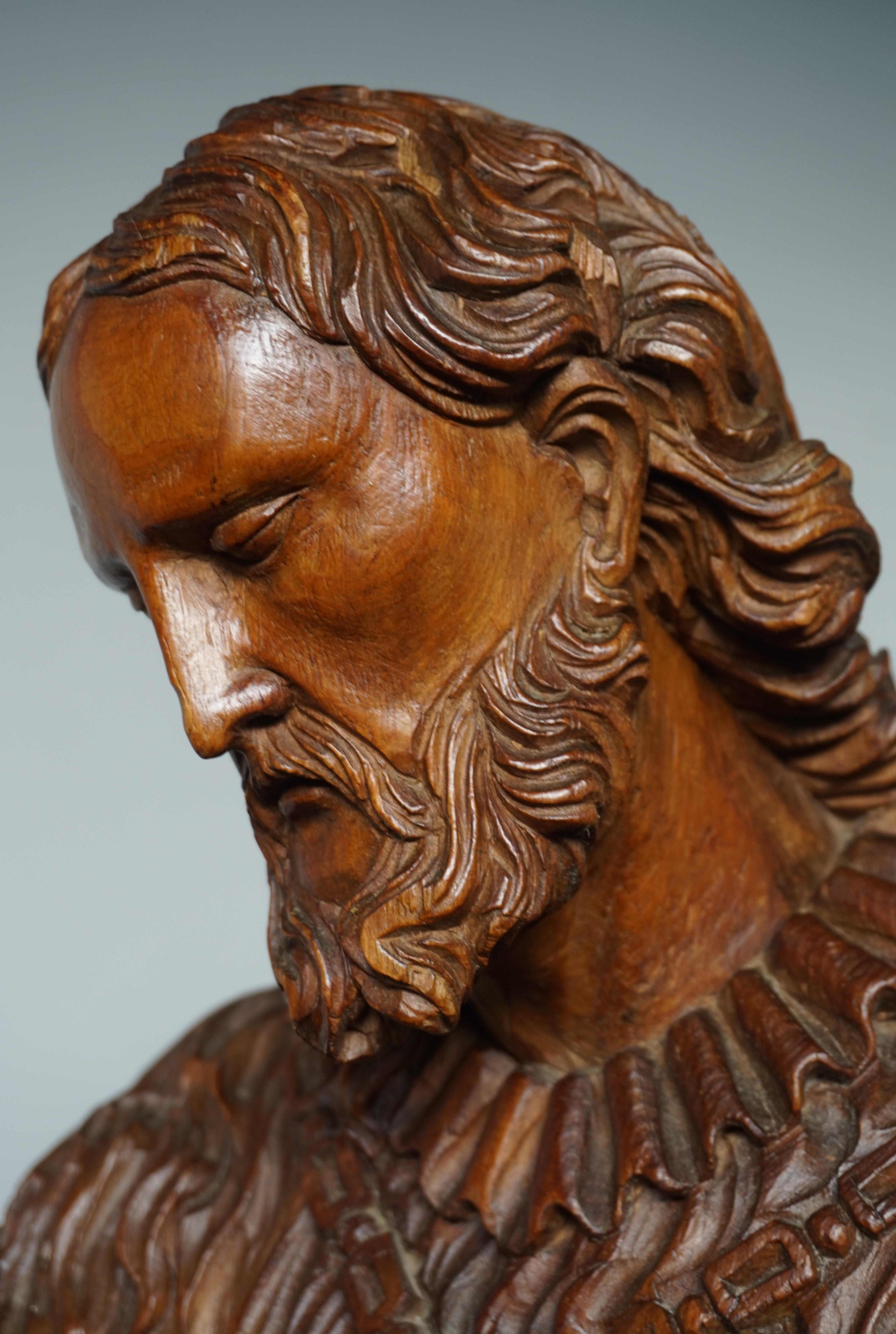 Large Antique Wooden Sculpture of John the Baptist w. Stunning Hand Carved Face 4