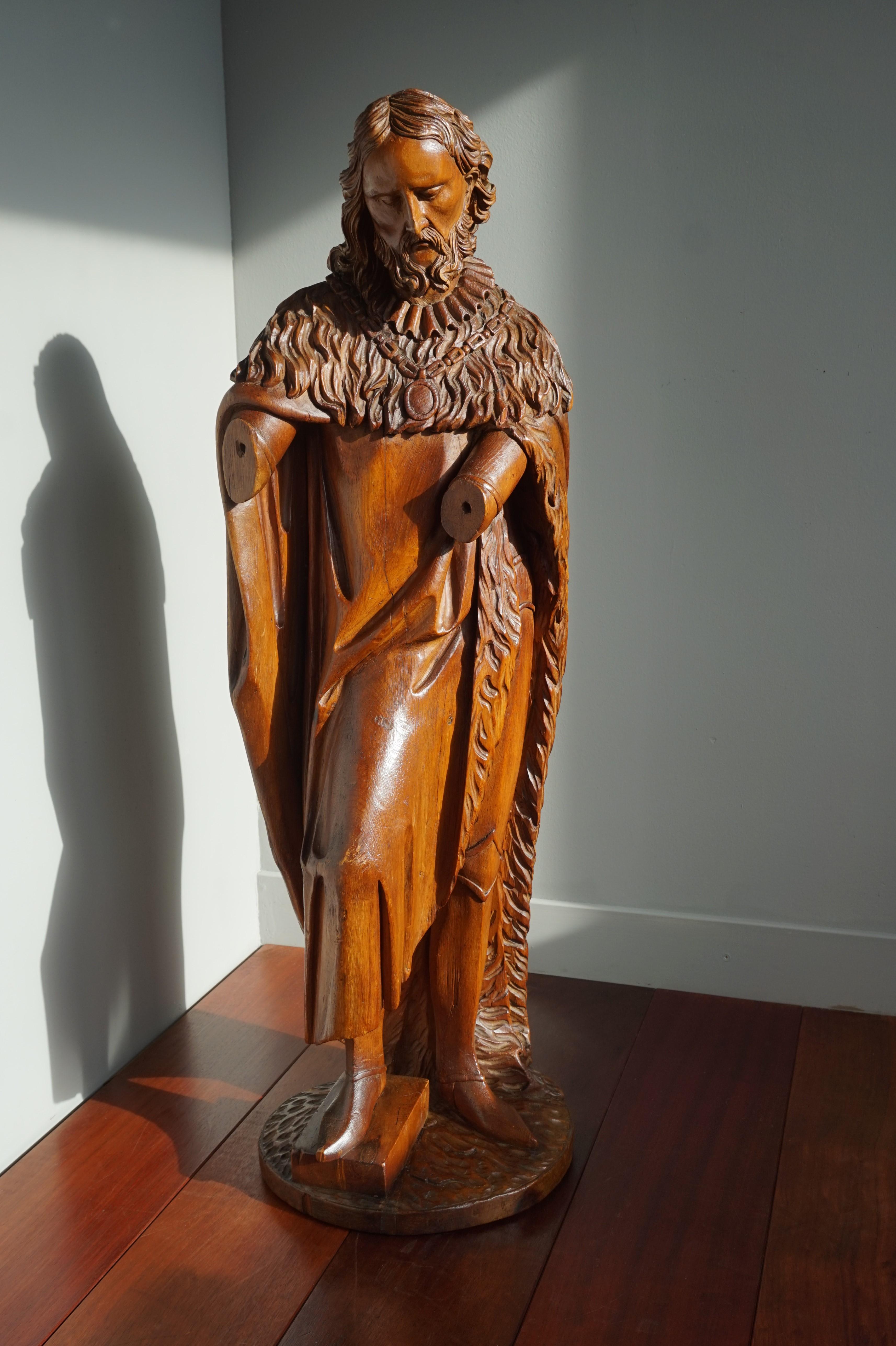 Large Antique Wooden Sculpture of John the Baptist w. Stunning Hand Carved Face 5