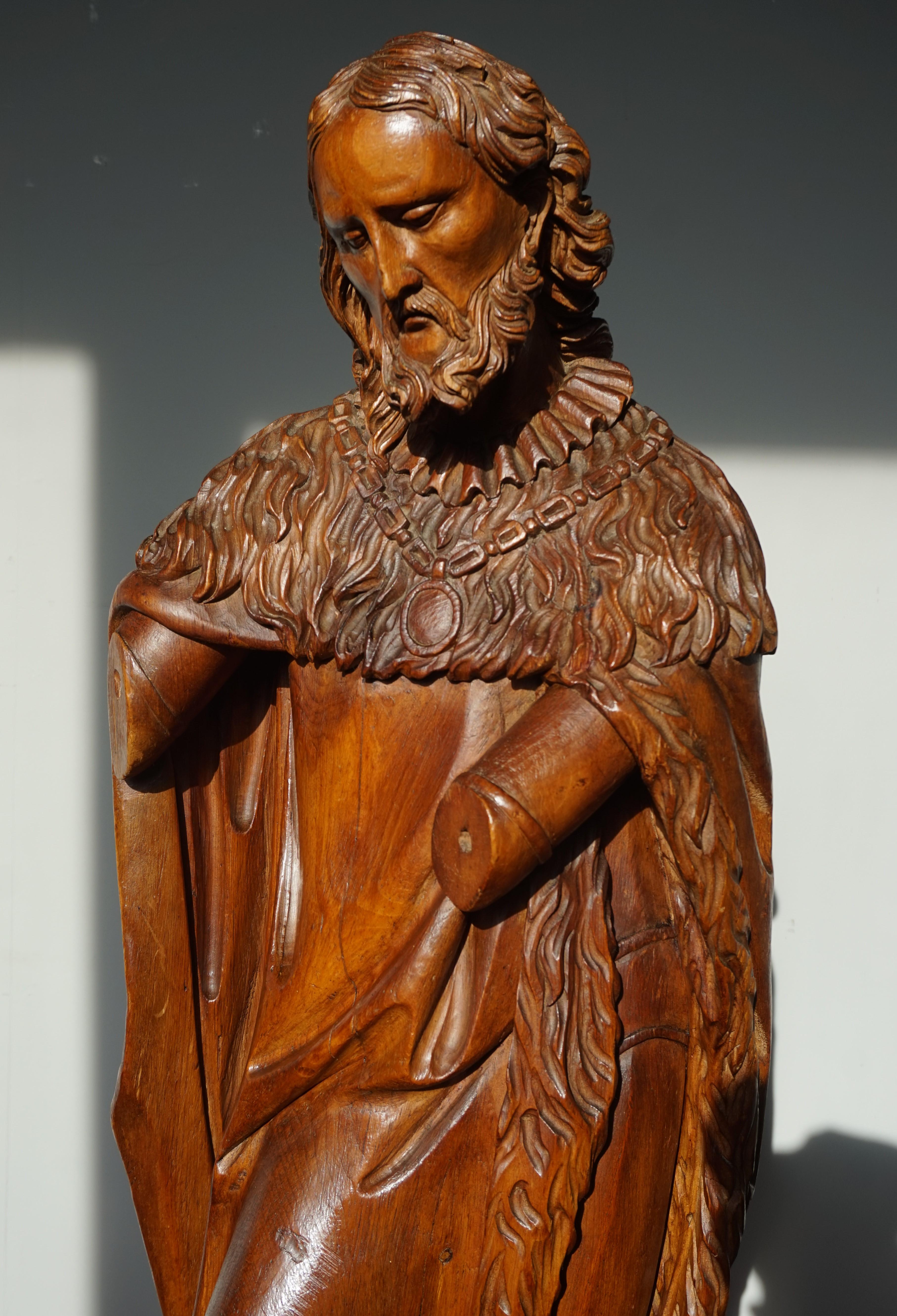 Large Antique Wooden Sculpture of John the Baptist w. Stunning Hand Carved Face 6