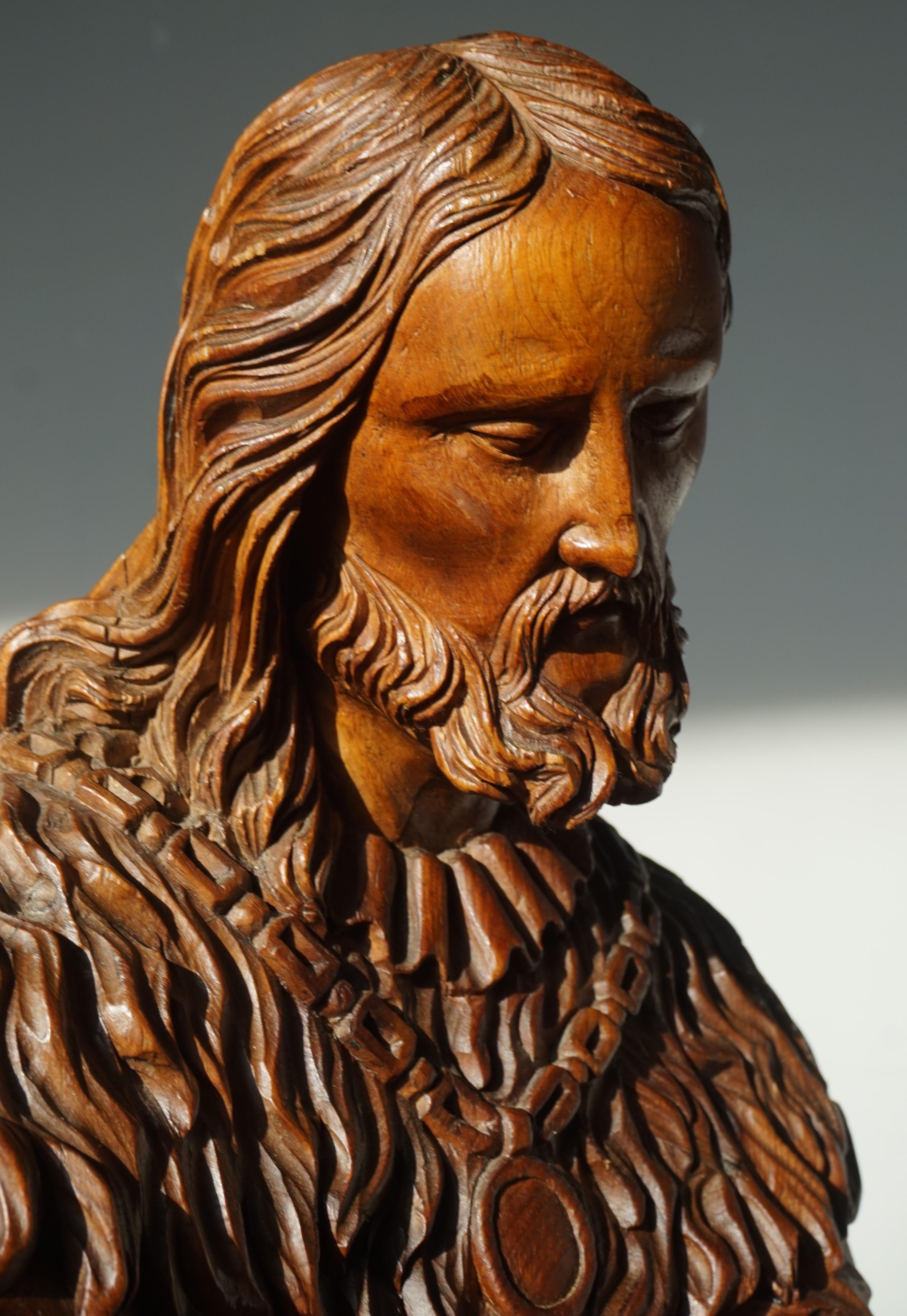 Large Antique Wooden Sculpture of John the Baptist w. Stunning Hand Carved Face 8