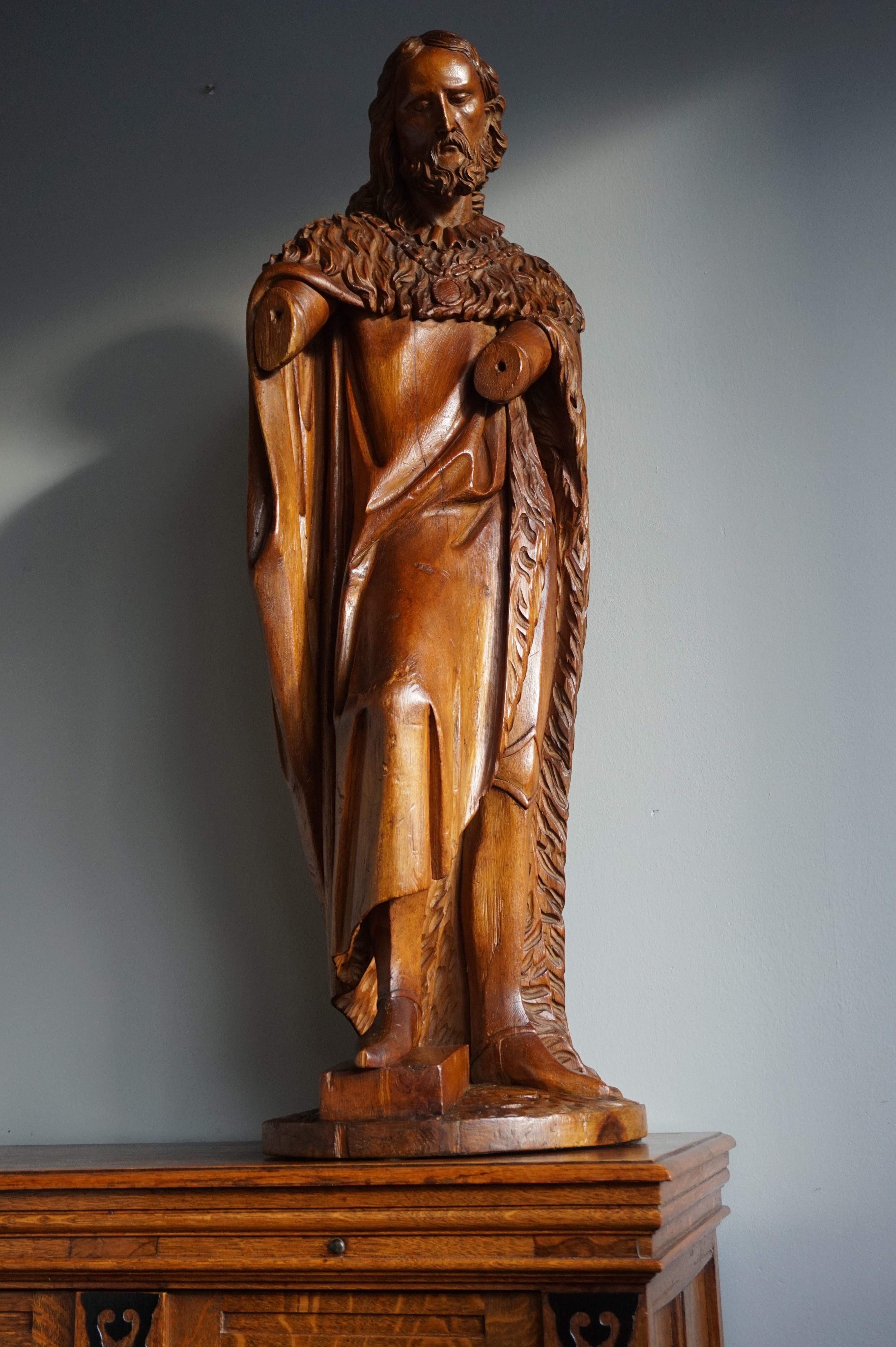 Large Antique Wooden Sculpture of John the Baptist w. Stunning Hand Carved Face 9