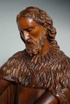 Large Antique Wooden Sculpture of John the Baptist w. Stunning Hand Carved Face