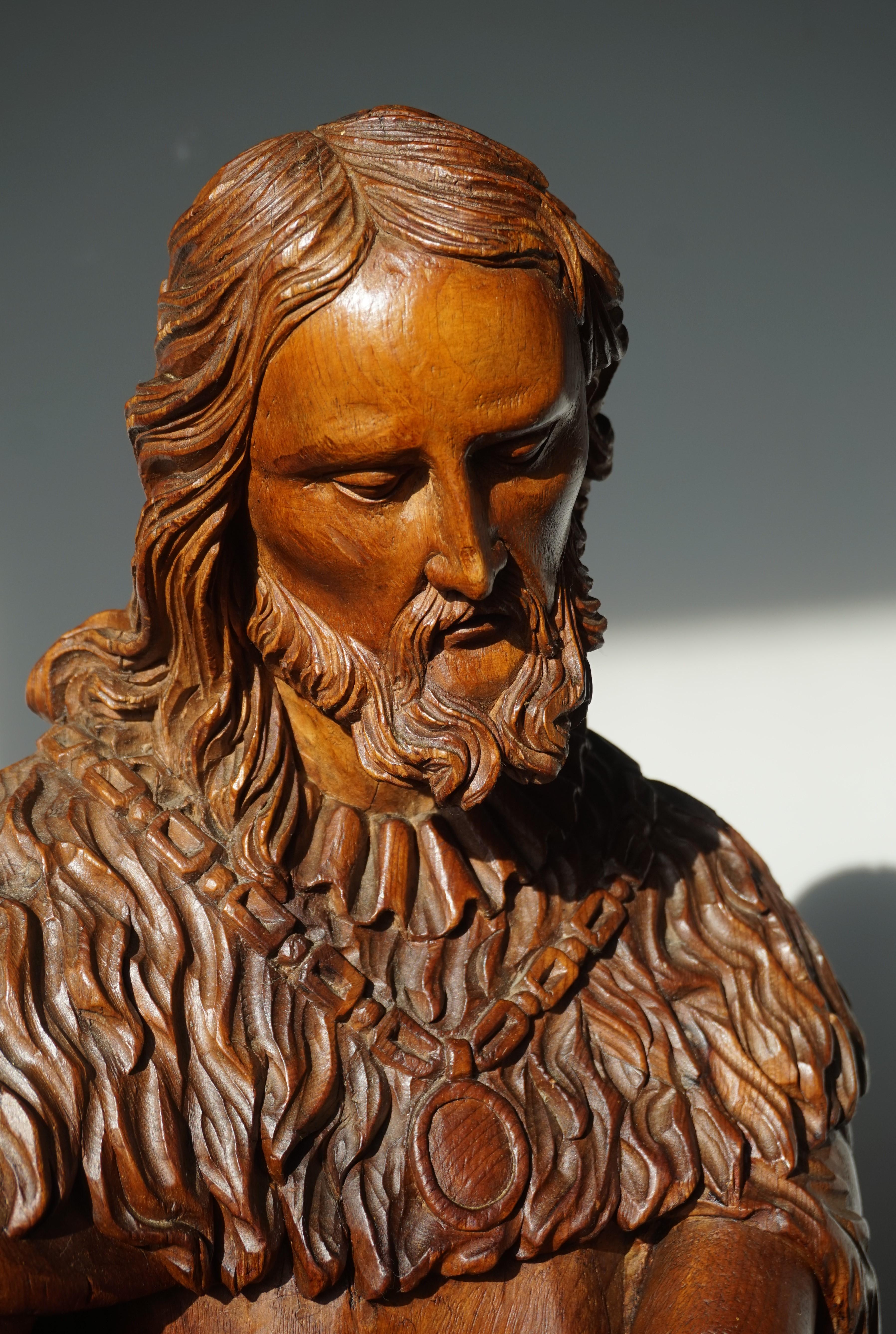 Renaissance Revival Large Antique Wooden Sculpture of John the Baptist w. Stunning Hand Carved Face