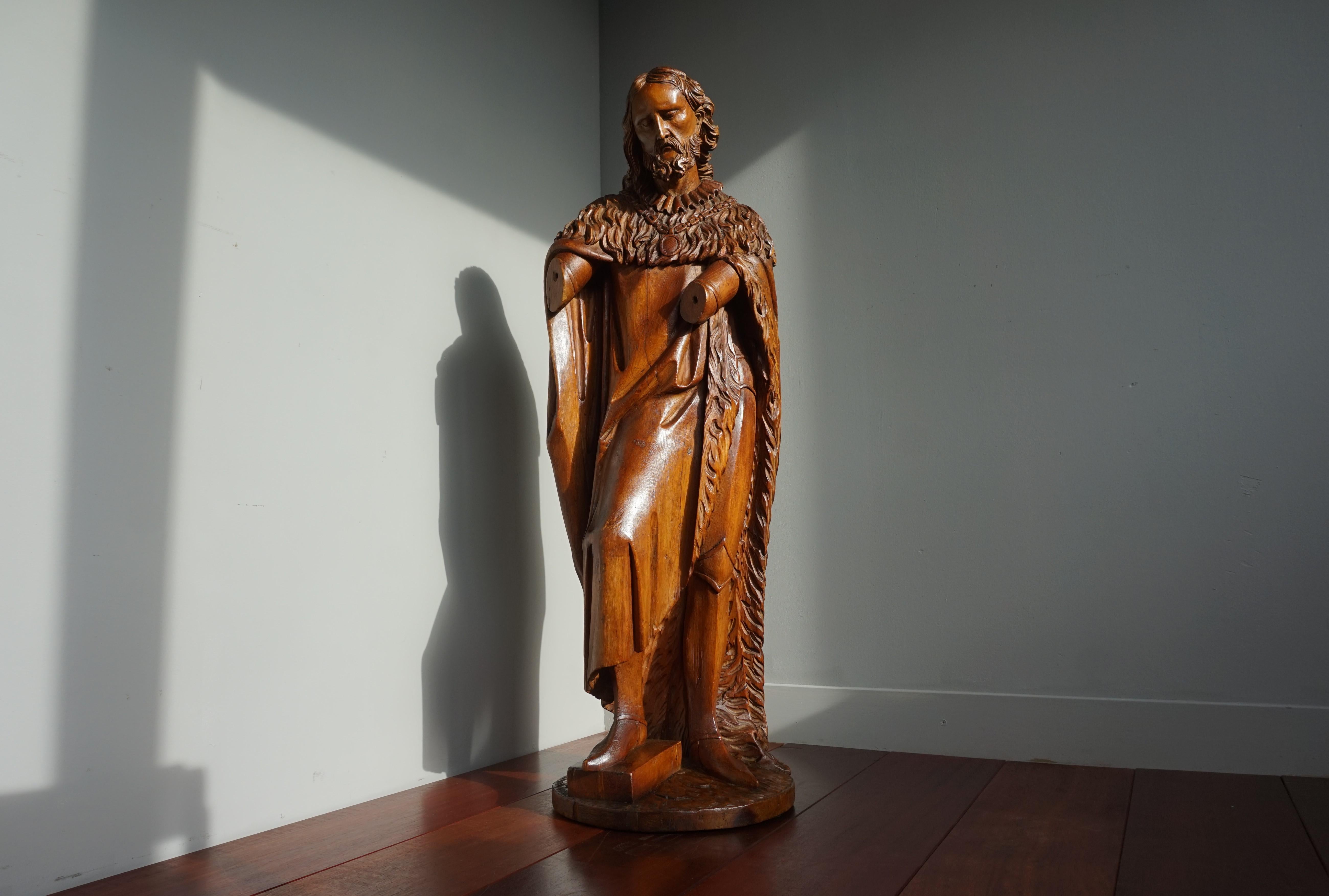 Patinated Large Antique Wooden Sculpture of John the Baptist w. Stunning Hand Carved Face