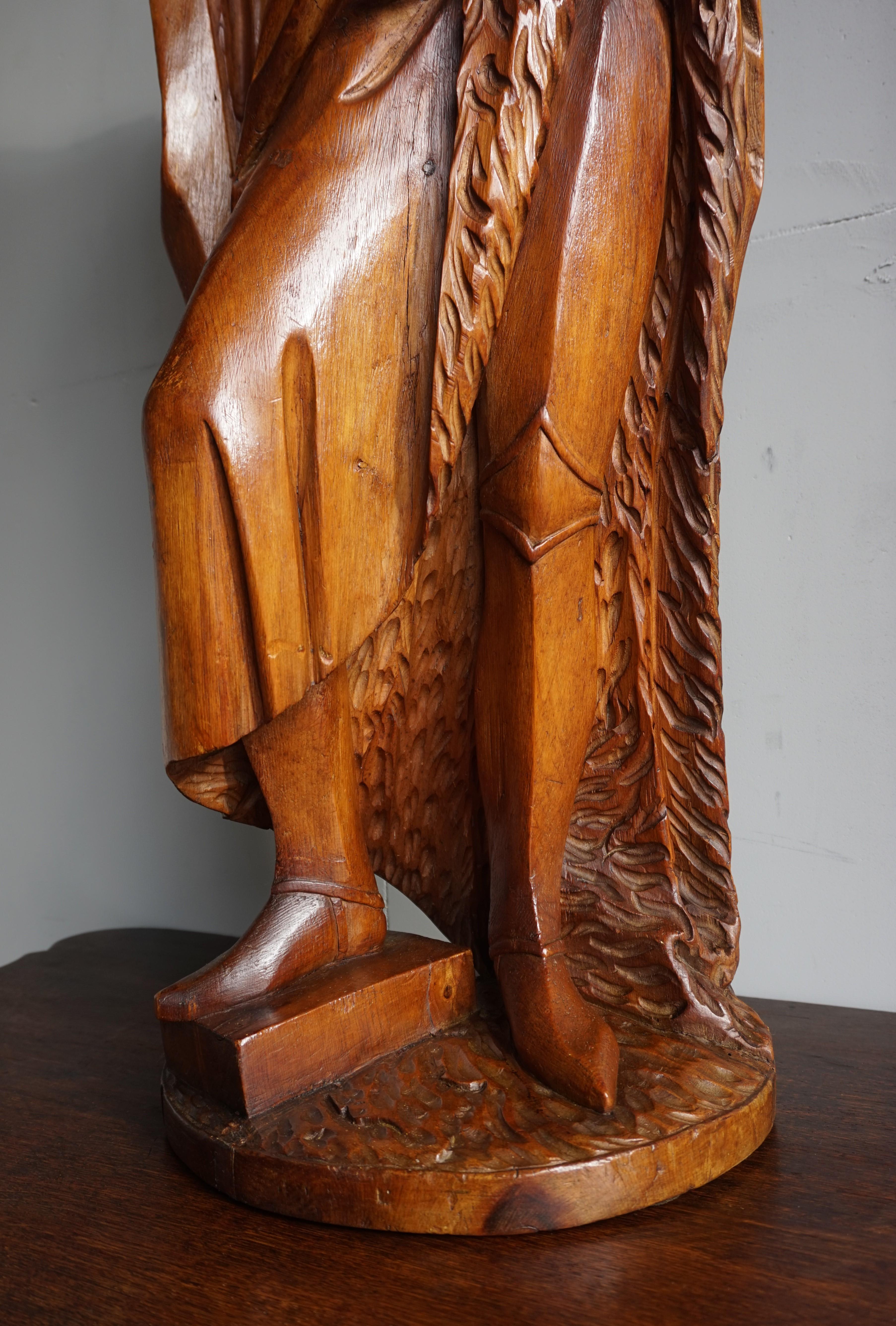 Large Antique Wooden Sculpture of John the Baptist w. Stunning Hand Carved Face In Good Condition In Lisse, NL