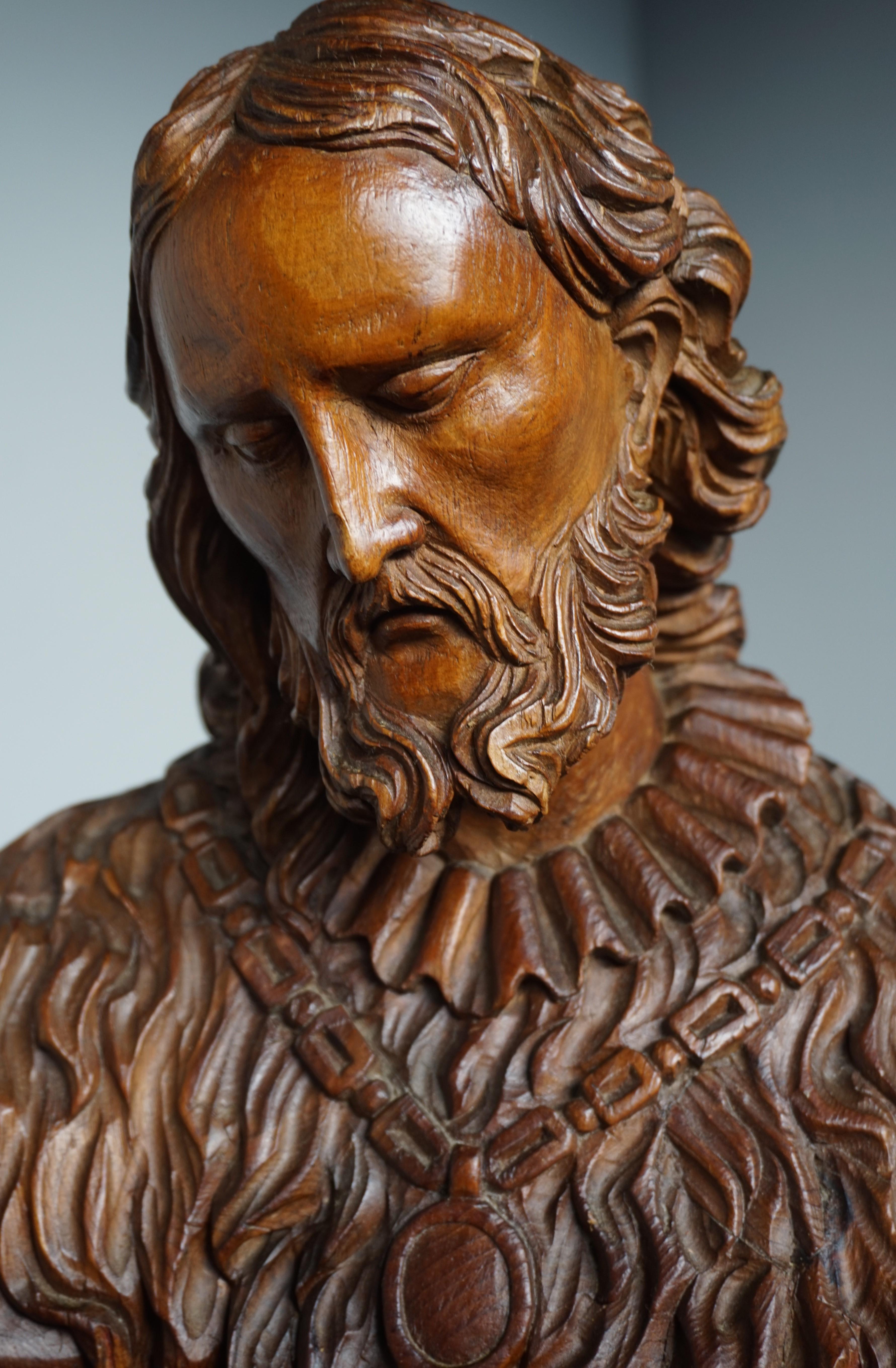 19th Century Large Antique Wooden Sculpture of John the Baptist w. Stunning Hand Carved Face
