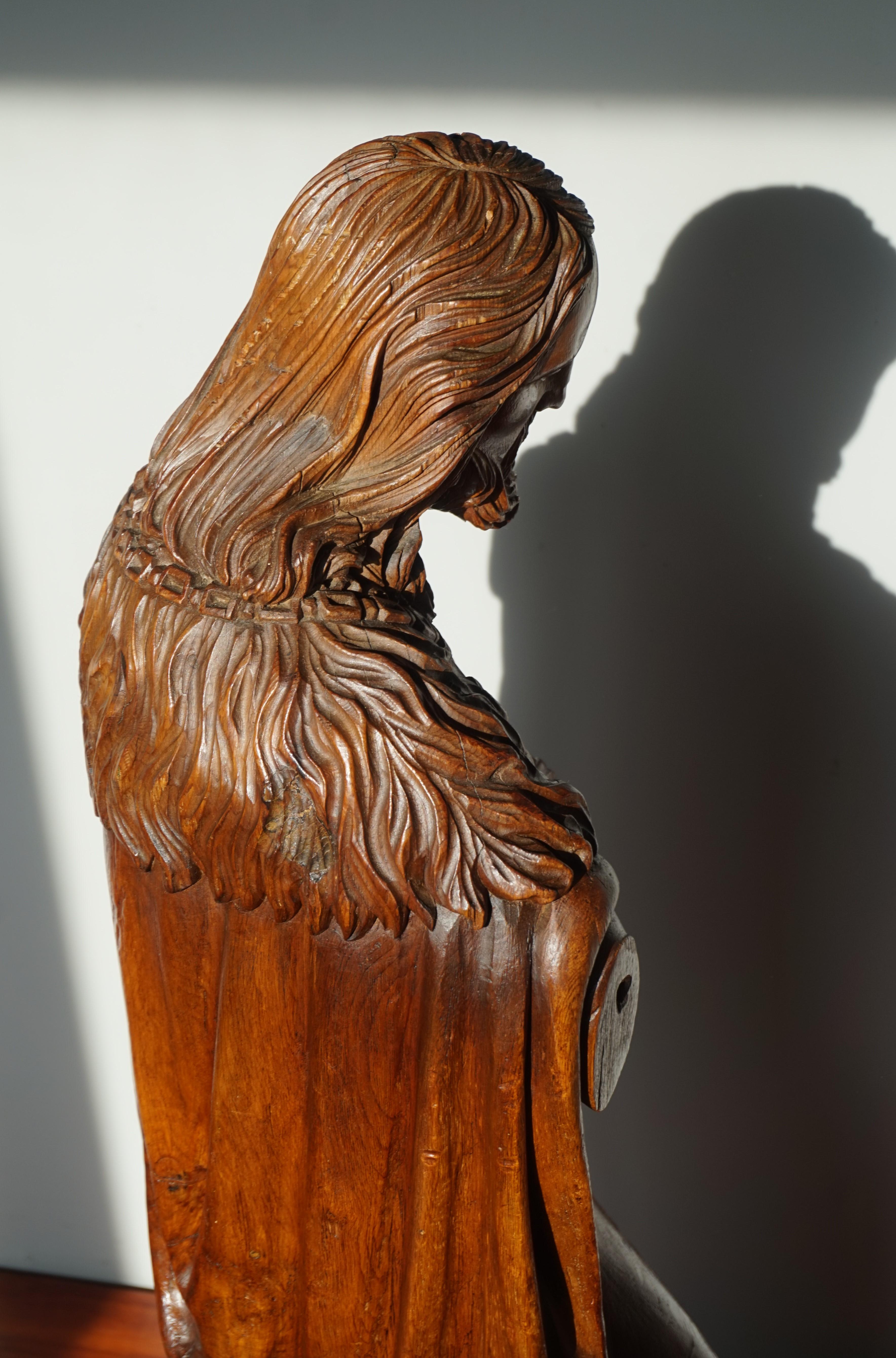 Pine Large Antique Wooden Sculpture of John the Baptist w. Stunning Hand Carved Face