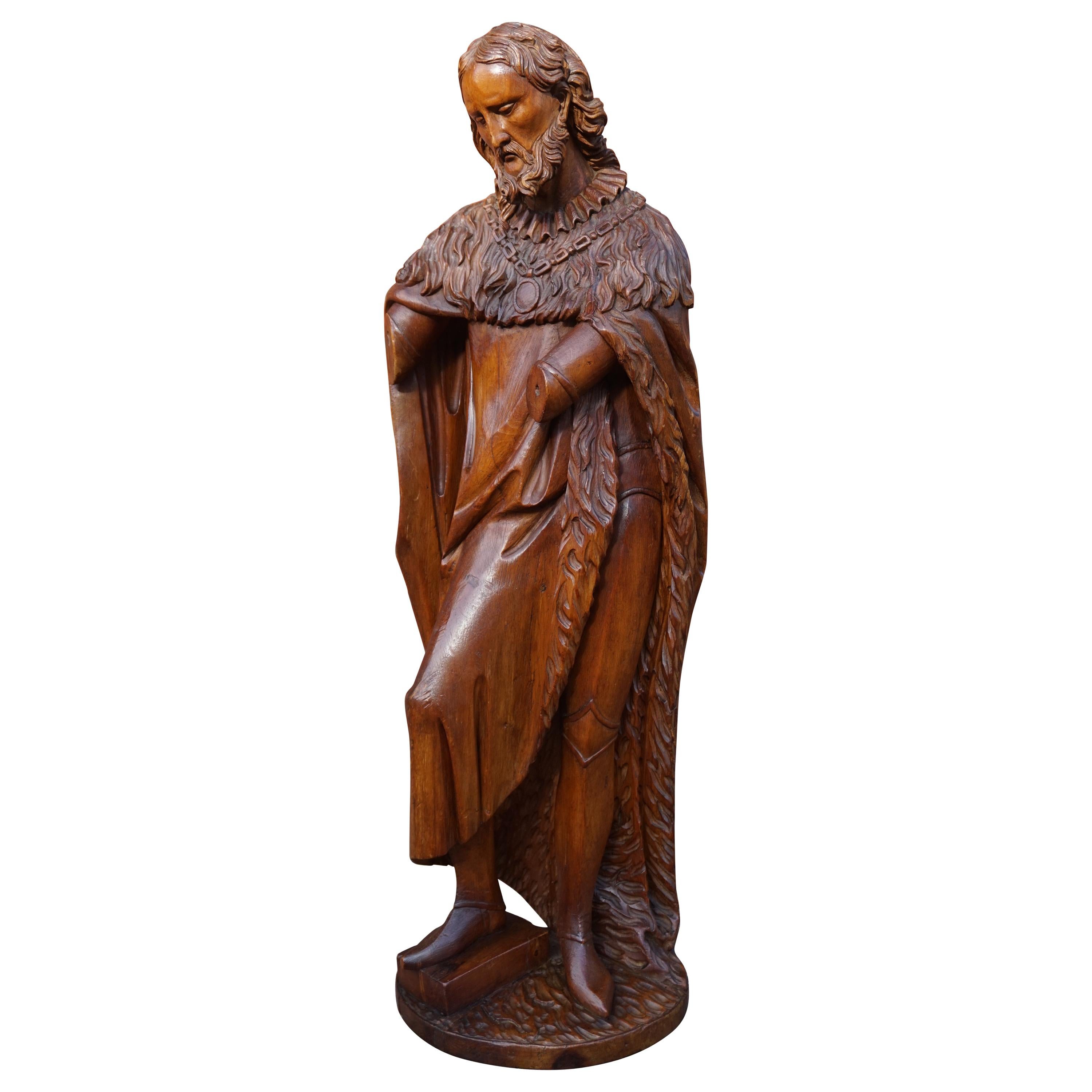 Large Antique Wooden Sculpture of John the Baptist w. Stunning Hand Carved Face