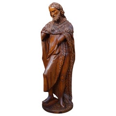 Grande sculpture ancienne en bois de Jean le Baptiste avec. Superbe visage sculpté à la main
