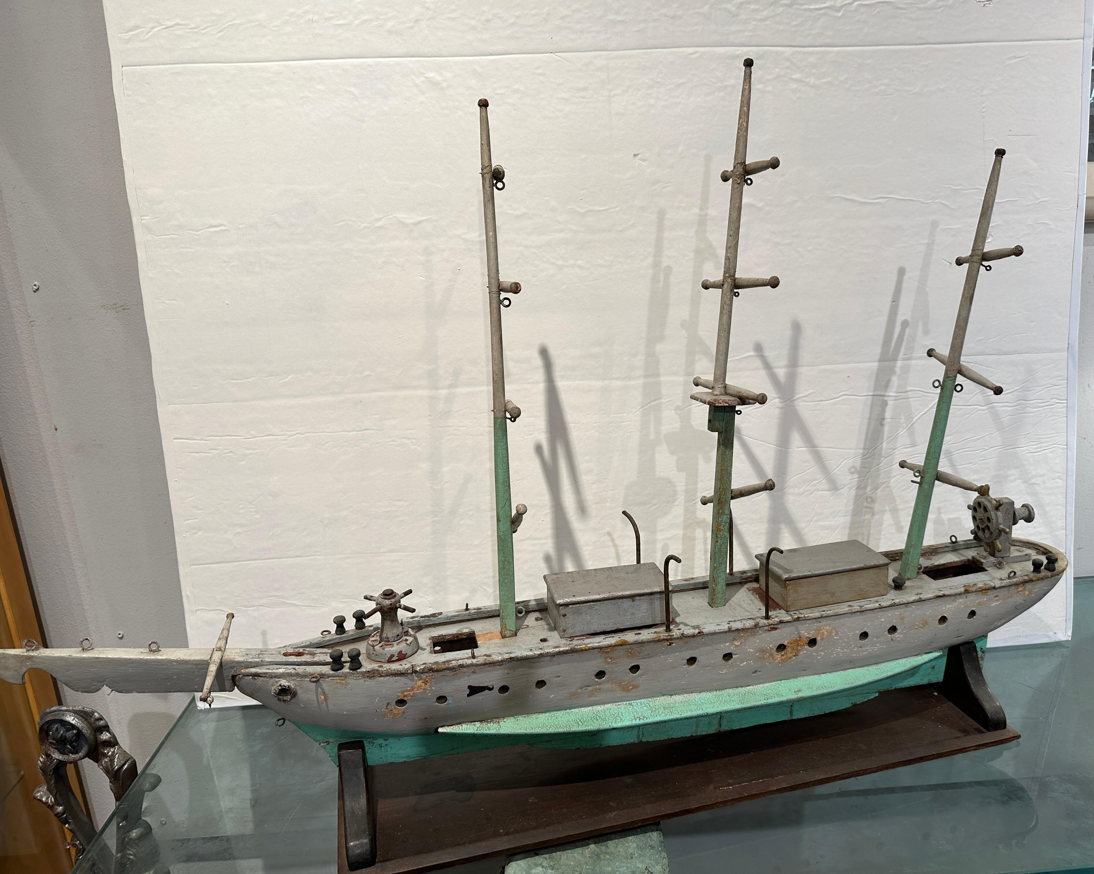Large Antique Wooden Ship on Stand In Good Condition For Sale In Summerland, CA