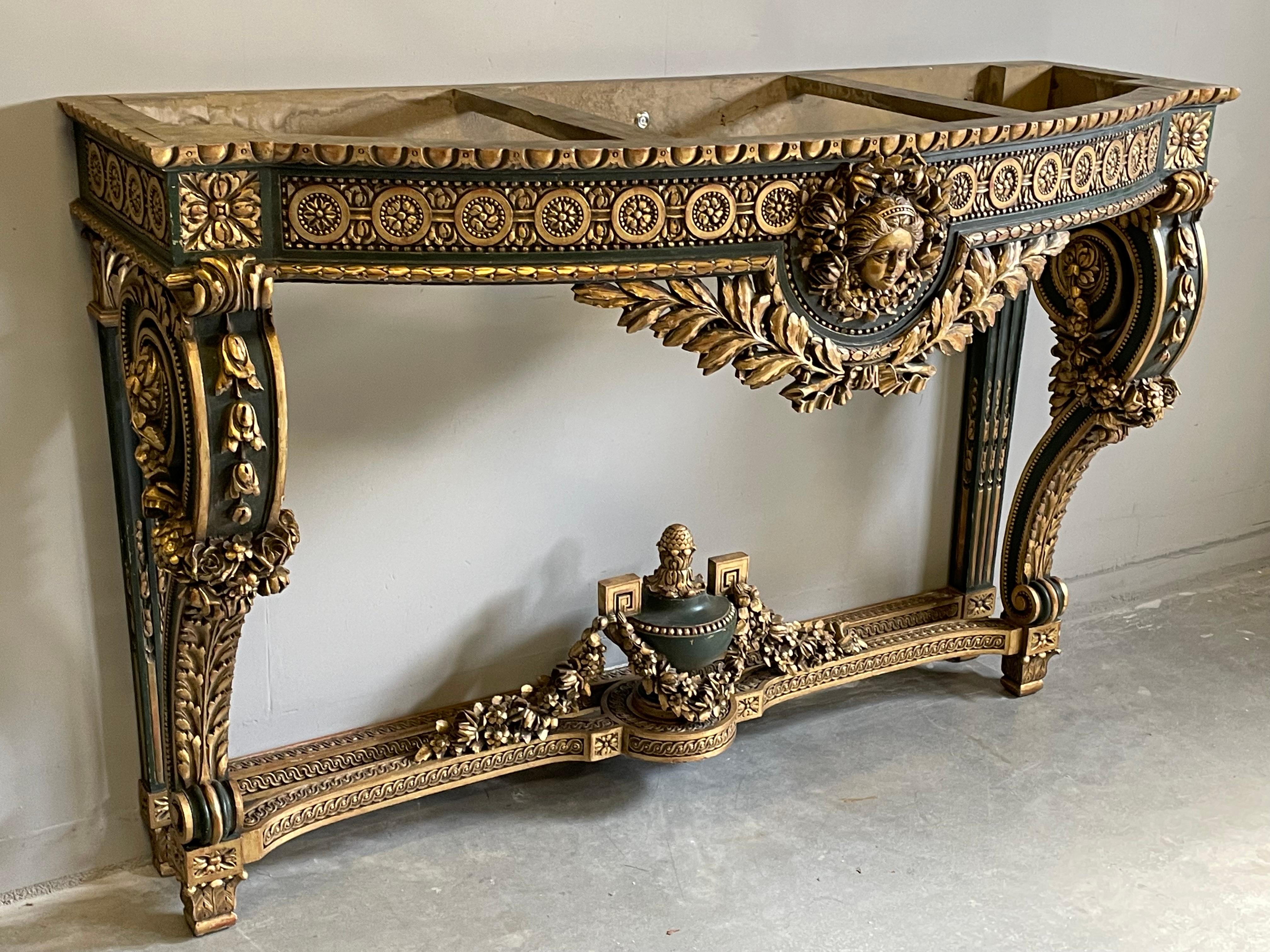 Large Antique Wooden Side Table w. Amazing Gilt Carvings & Marie Antoinette Mask For Sale 8