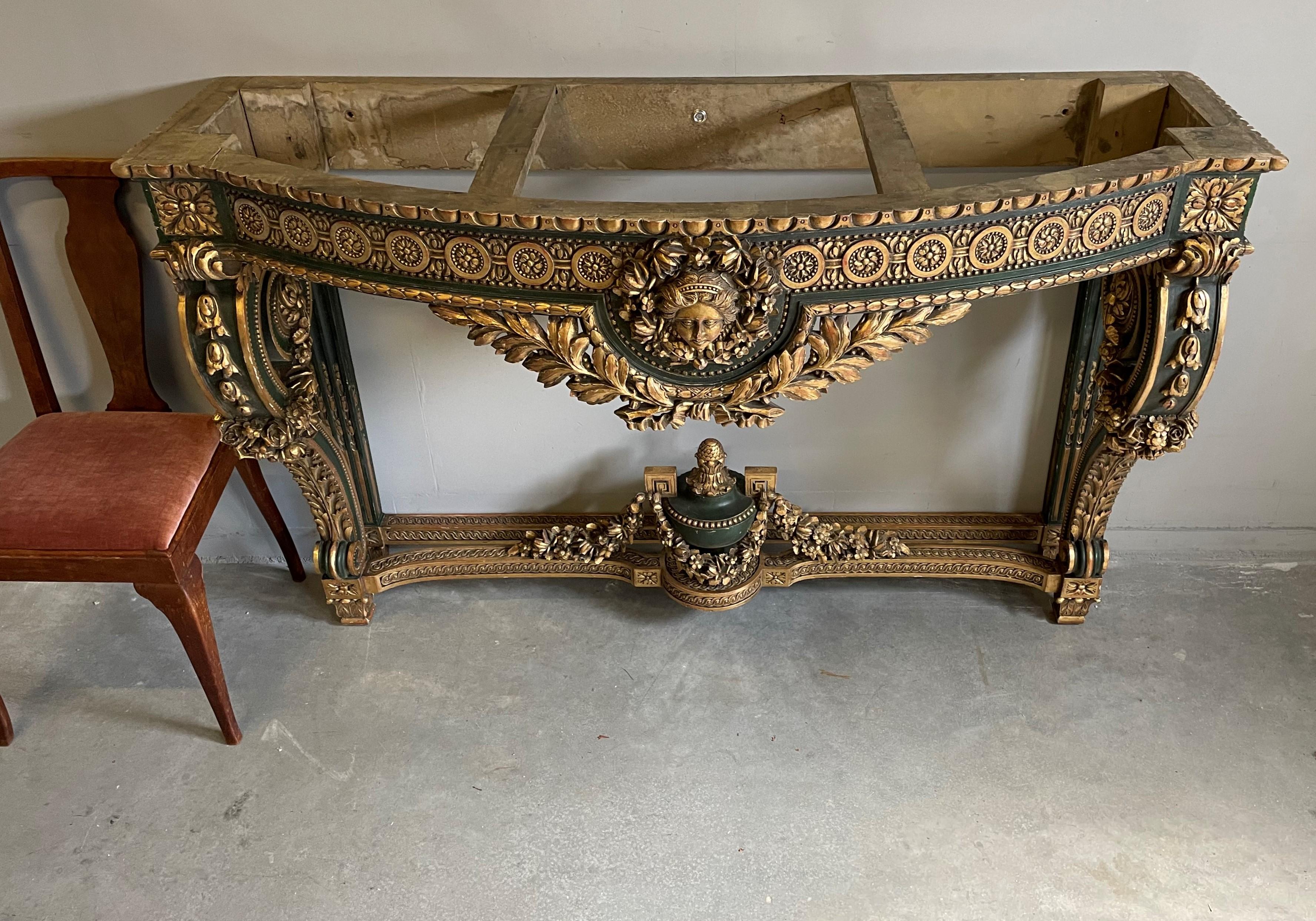 Large Antique Wooden Side Table w. Amazing Gilt Carvings & Marie Antoinette Mask For Sale 12