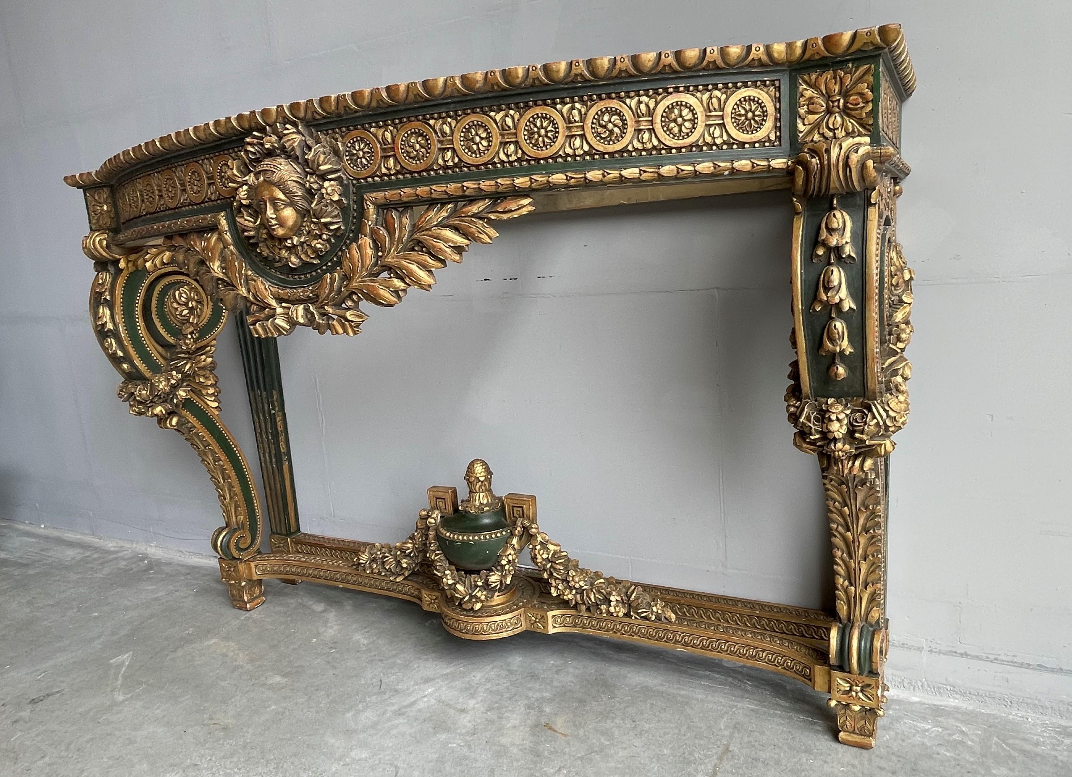 Louis XVI Large Antique Wooden Side Table w. Amazing Gilt Carvings & Marie Antoinette Mask For Sale