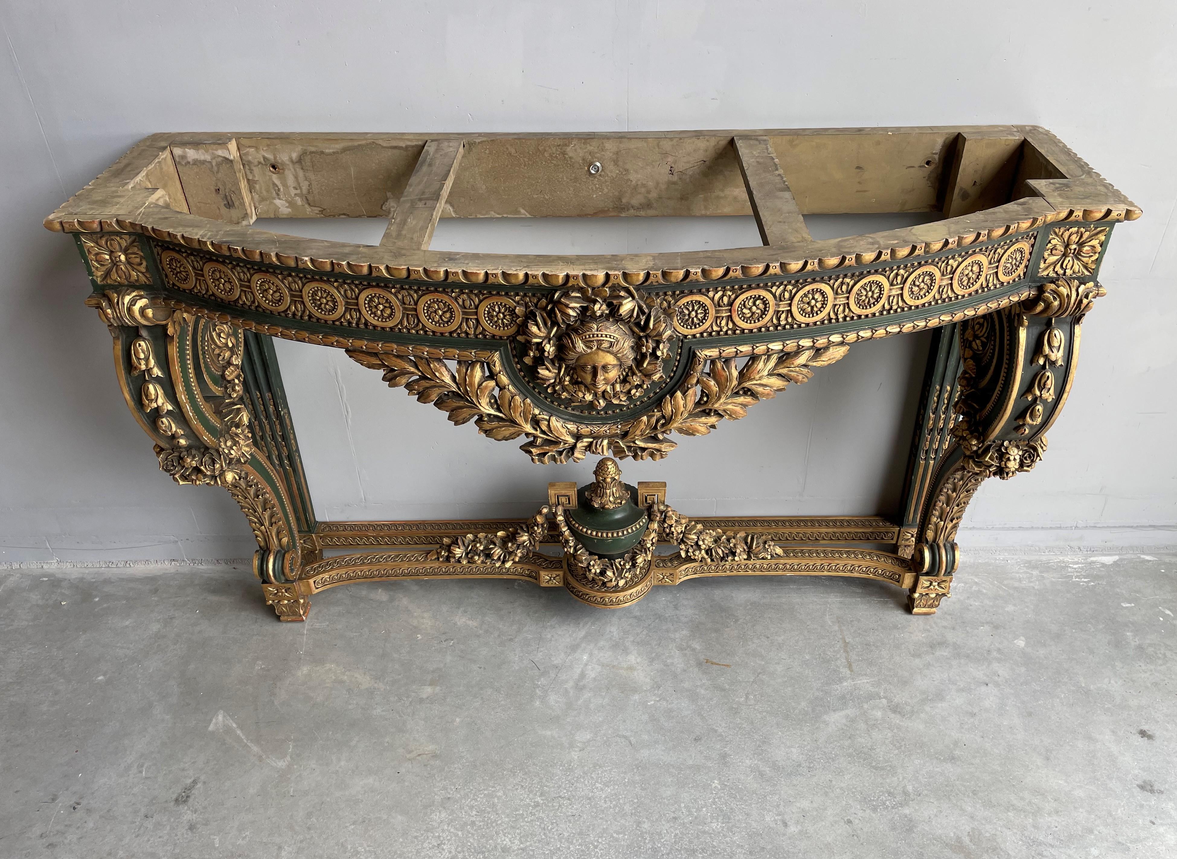 French Large Antique Wooden Side Table w. Amazing Gilt Carvings & Marie Antoinette Mask For Sale