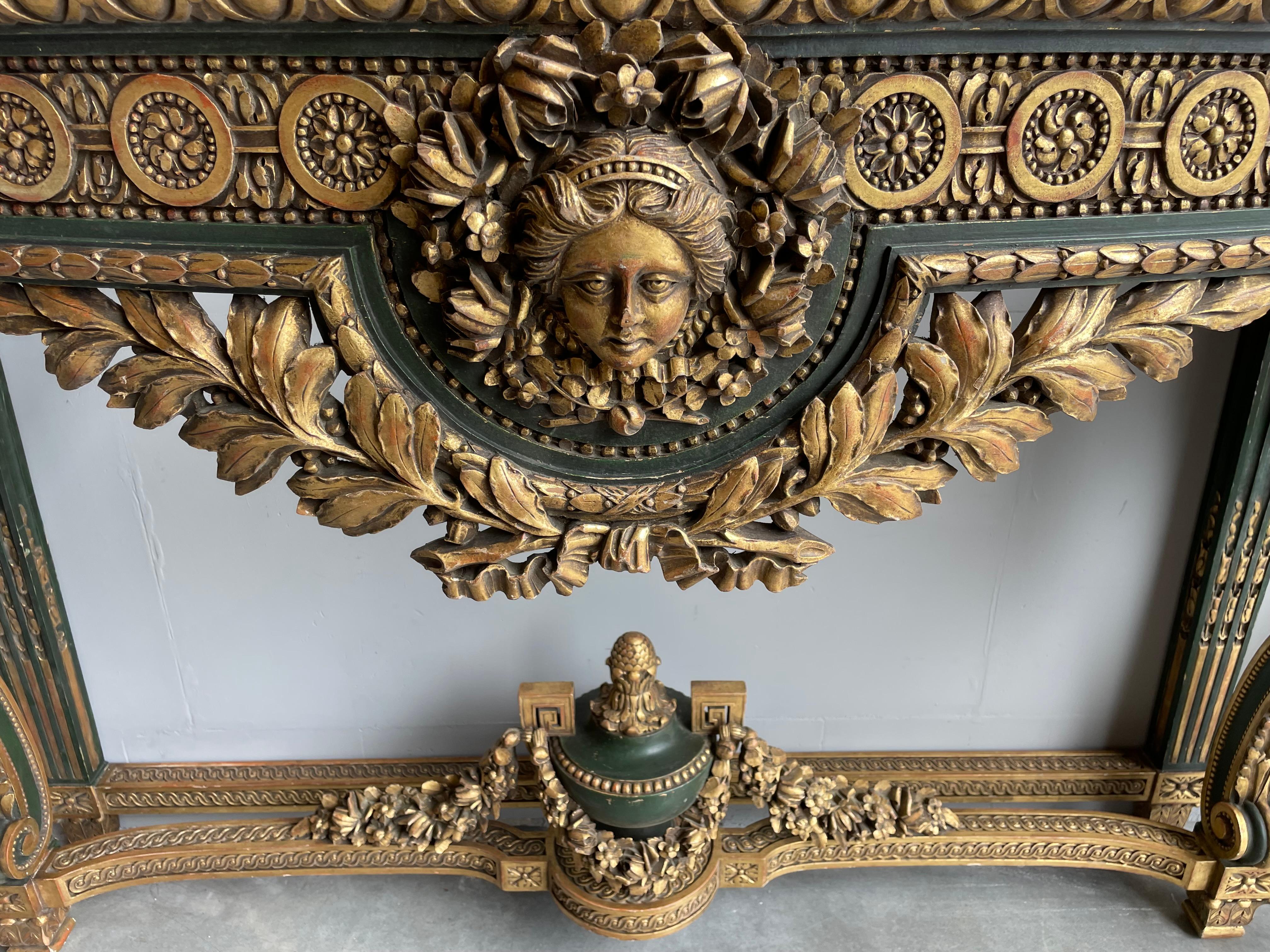 Hand-Carved Large Antique Wooden Side Table w. Amazing Gilt Carvings & Marie Antoinette Mask For Sale