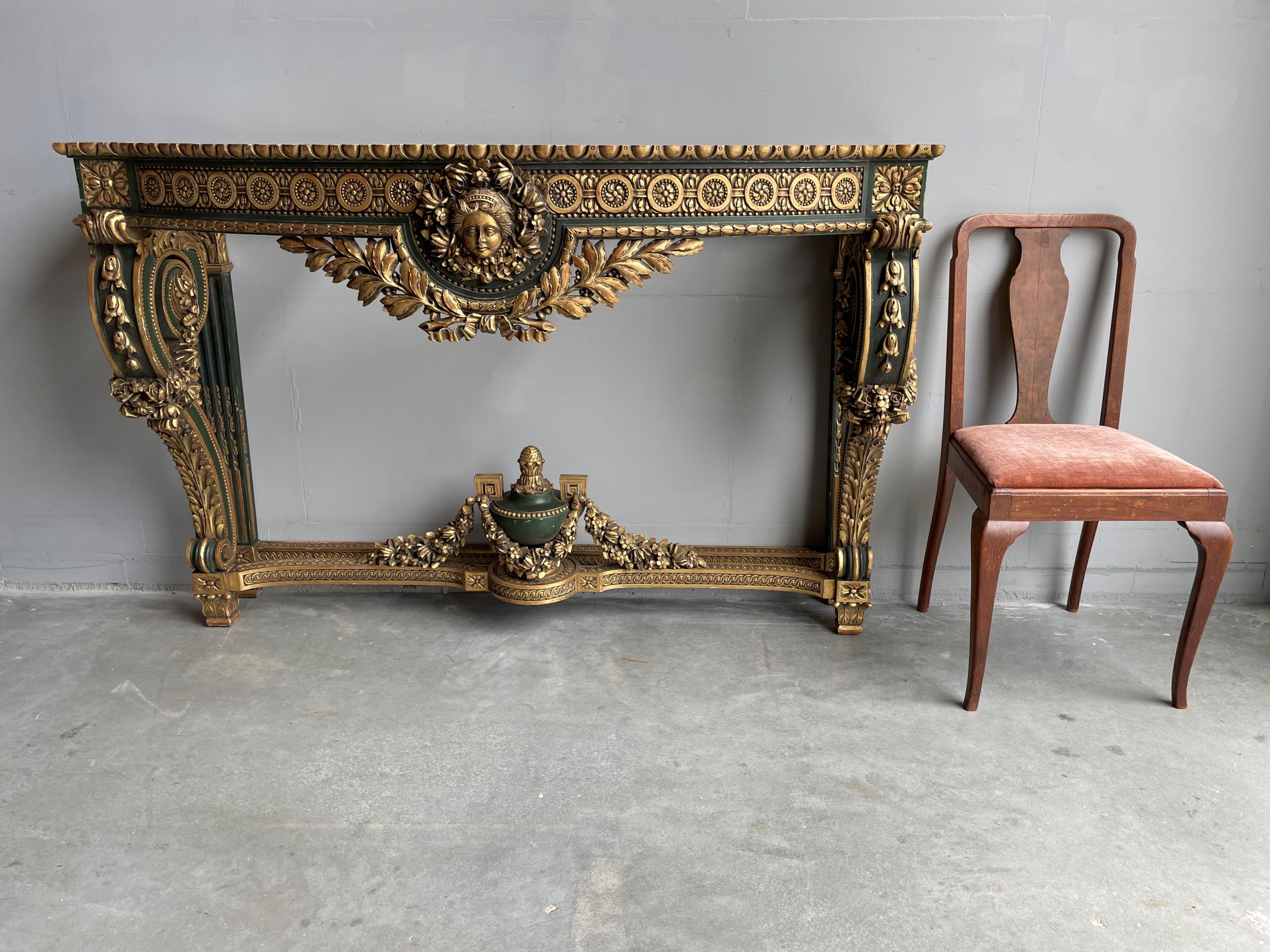 20th Century Large Antique Wooden Side Table w. Amazing Gilt Carvings & Marie Antoinette Mask For Sale