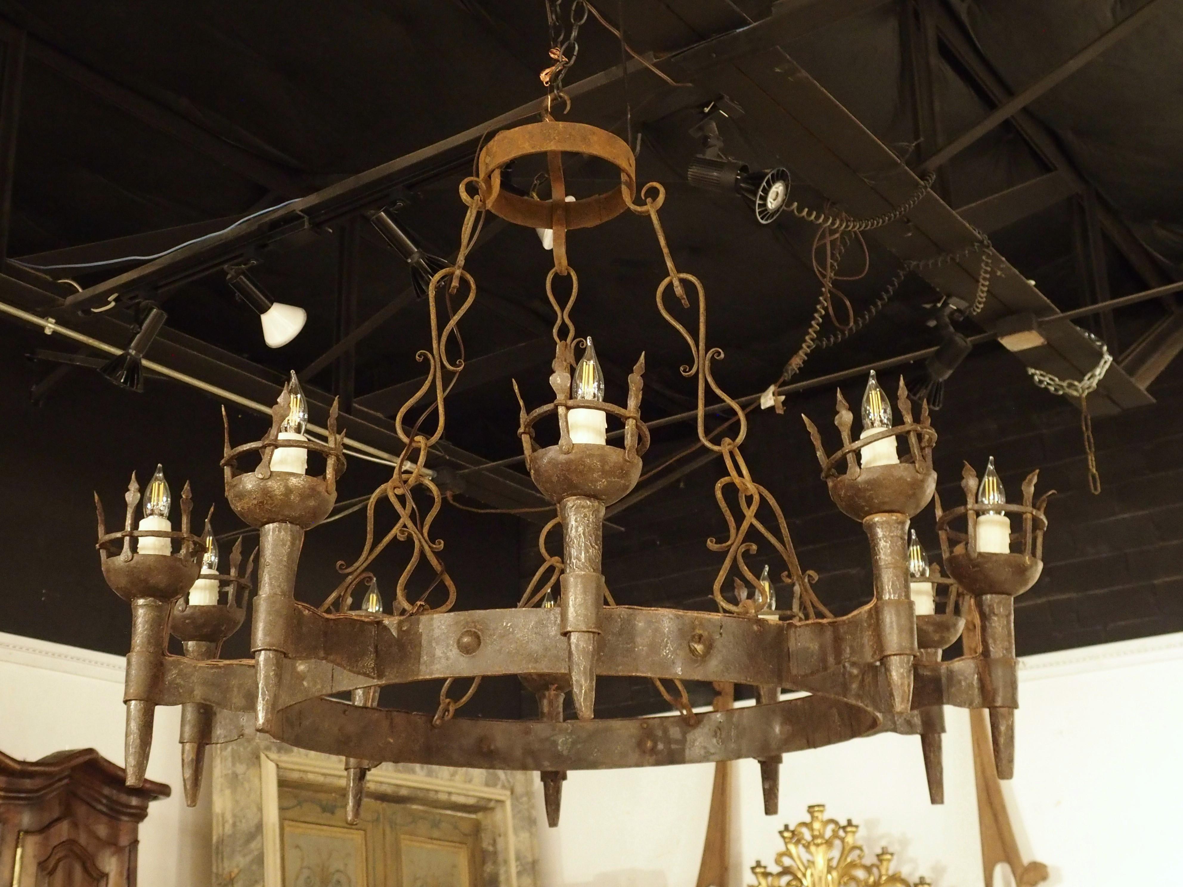 Large Antique Wrought Iron 10-Light Torch Chandelier from France, Late 1800s 12