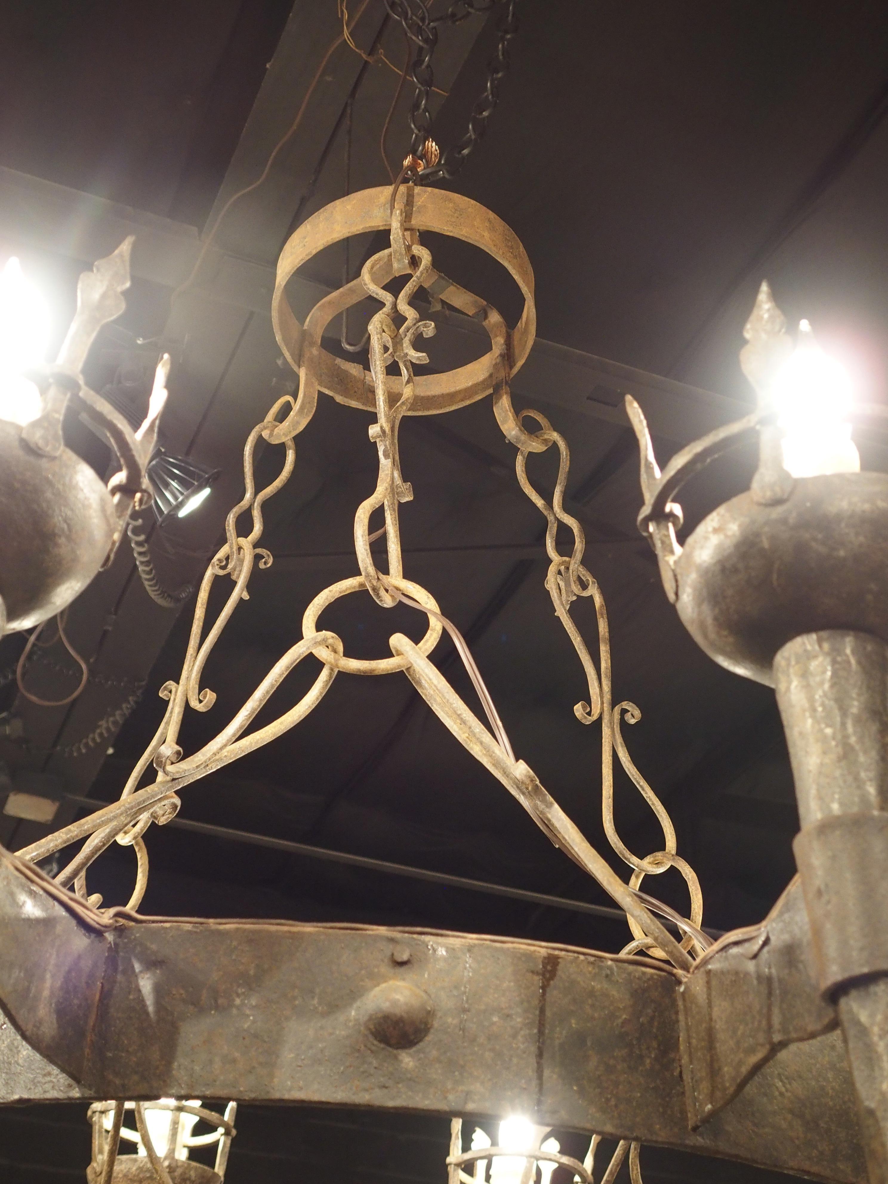 Large Antique Wrought Iron 10-Light Torch Chandelier from France, Late 1800s In Good Condition In Dallas, TX