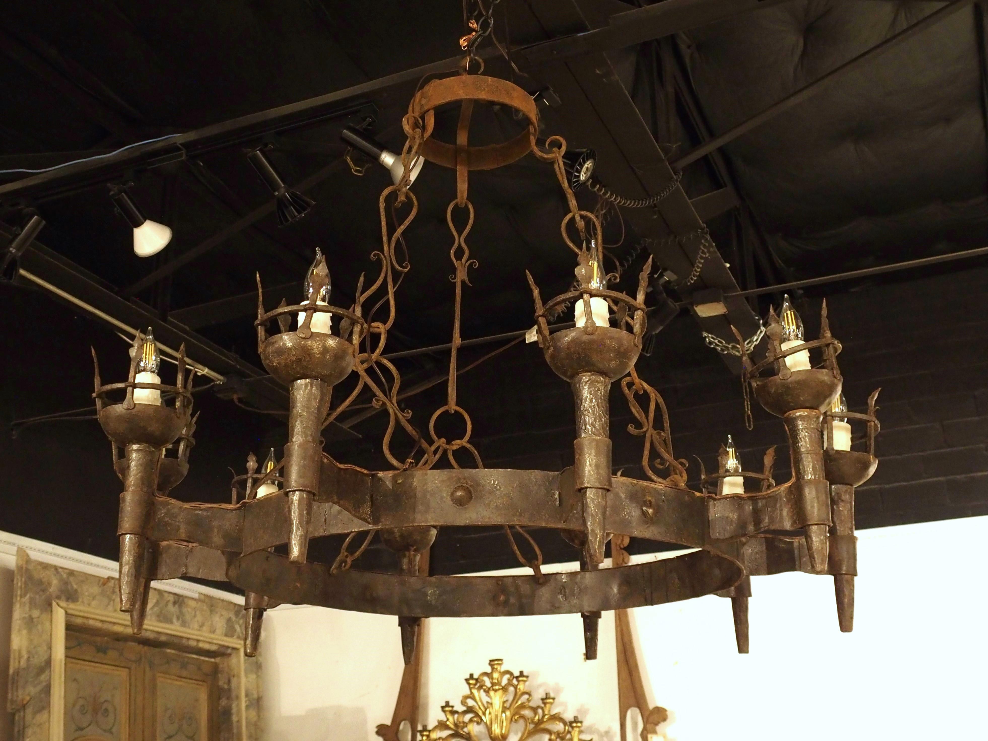 Large Antique Wrought Iron 10-Light Torch Chandelier from France, Late 1800s 2