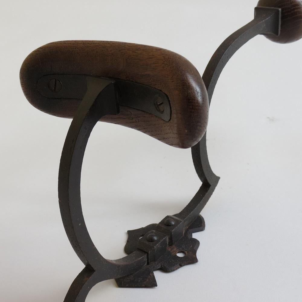 Large Antique Wrought Iron And Oak Coat And Hat Wall Mounted Hook 1910 3