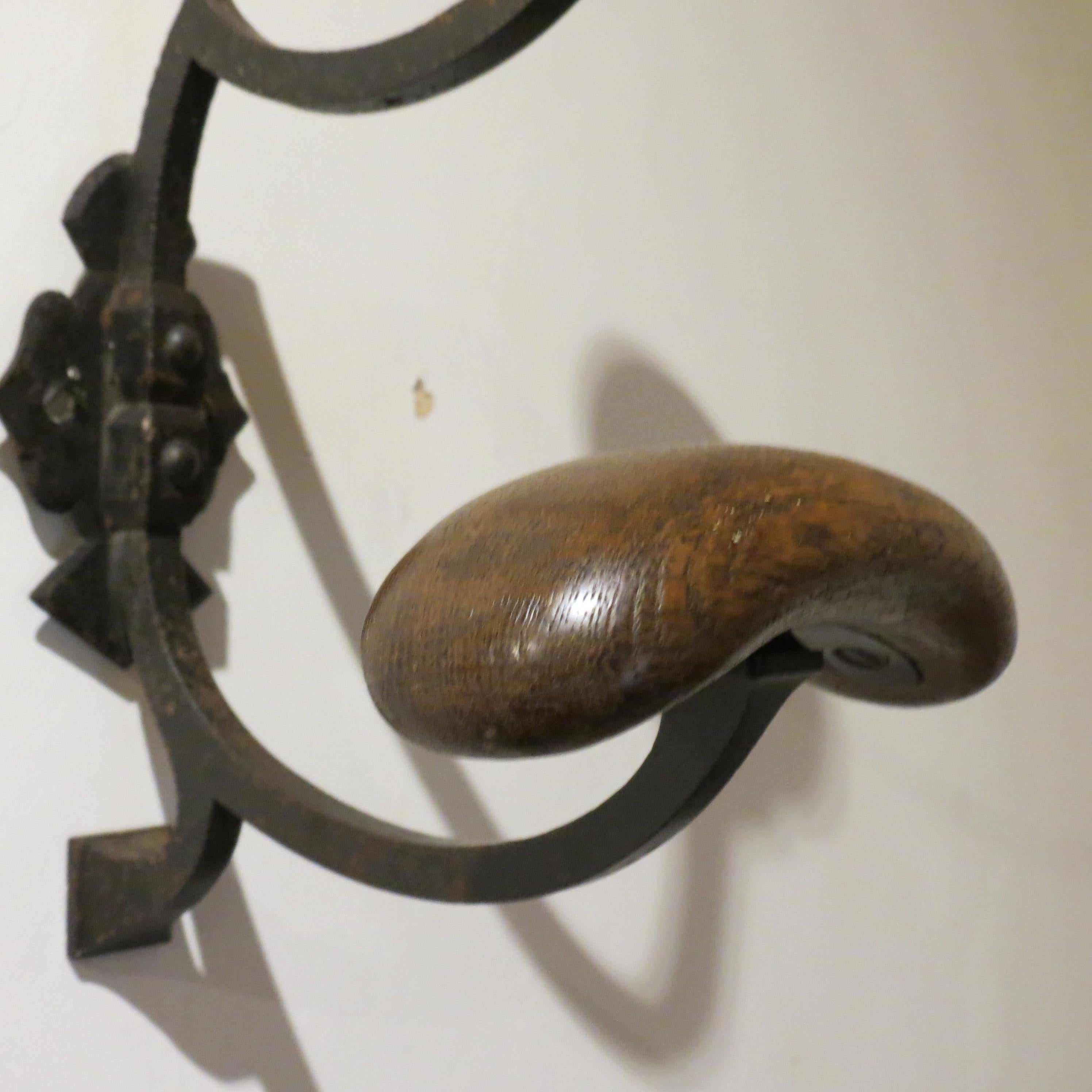Large Antique Wrought Iron And Oak Coat And Hat Wall Mounted Hook 1910 5