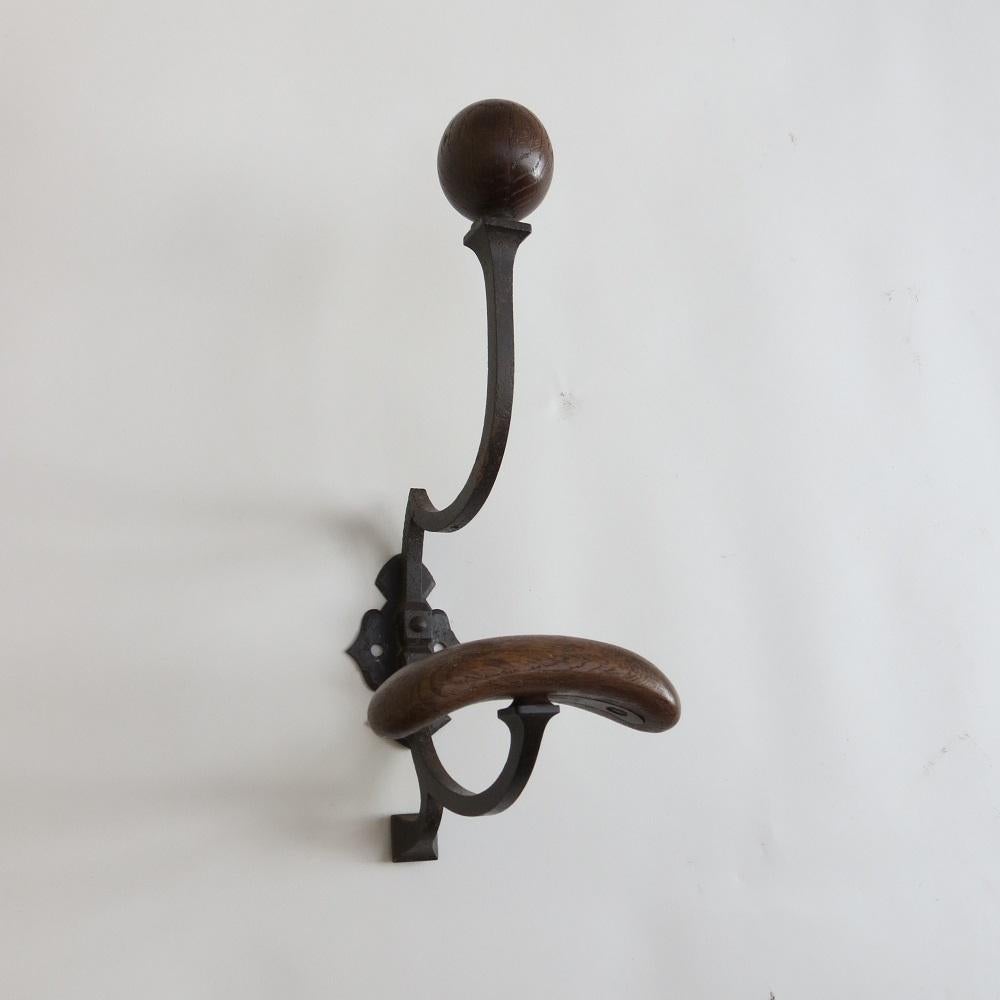 Edwardian Large Antique Wrought Iron And Oak Coat And Hat Wall Mounted Hook 1910