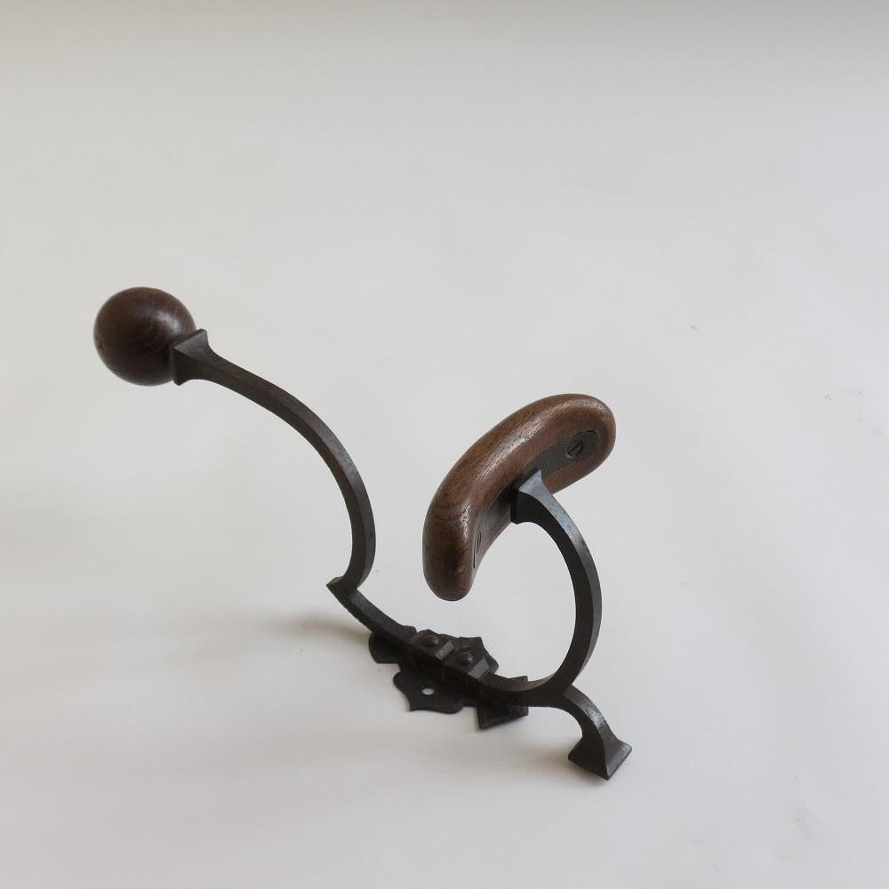 Hand-Crafted Large Antique Wrought Iron And Oak Coat And Hat Wall Mounted Hook 1910