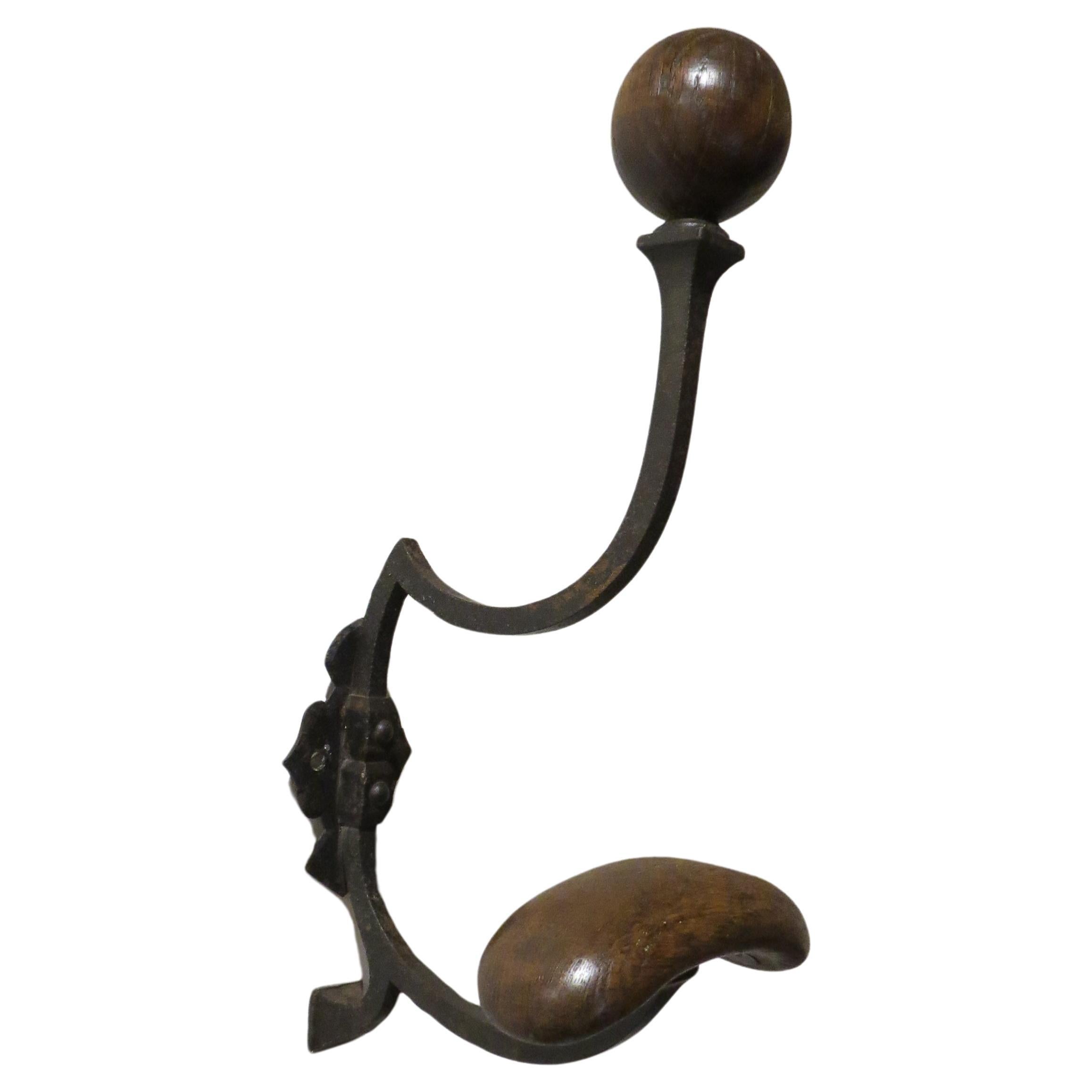 Large Antique Wrought Iron And Oak Coat And Hat Wall Mounted Hook 1910