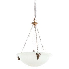 Antique XL Ram
s Head Moonstone Glass Plafonnier Light Pendant, C.1920