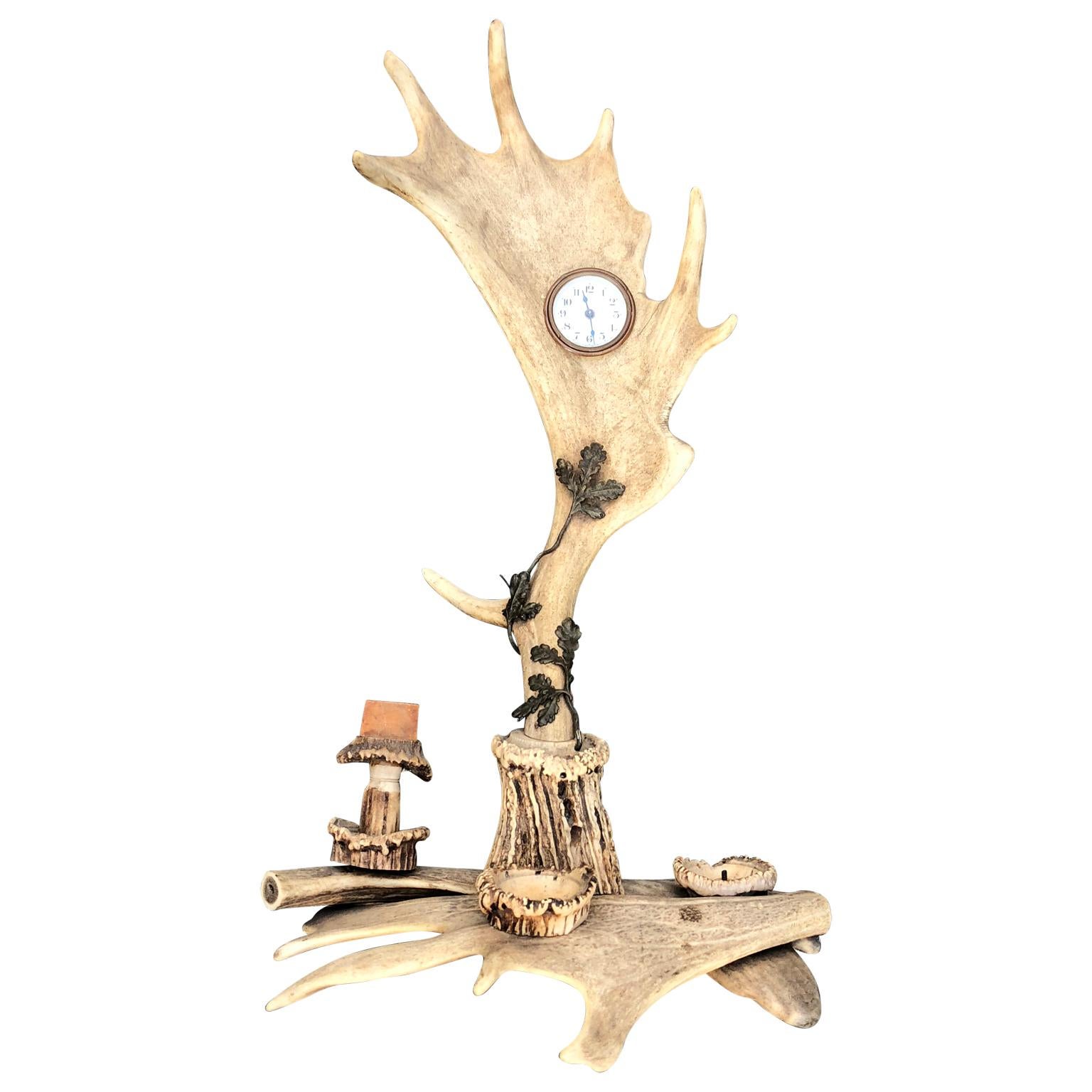 Large Antler Table Clock, Centerpiece And Smoke Stand For Sale 2