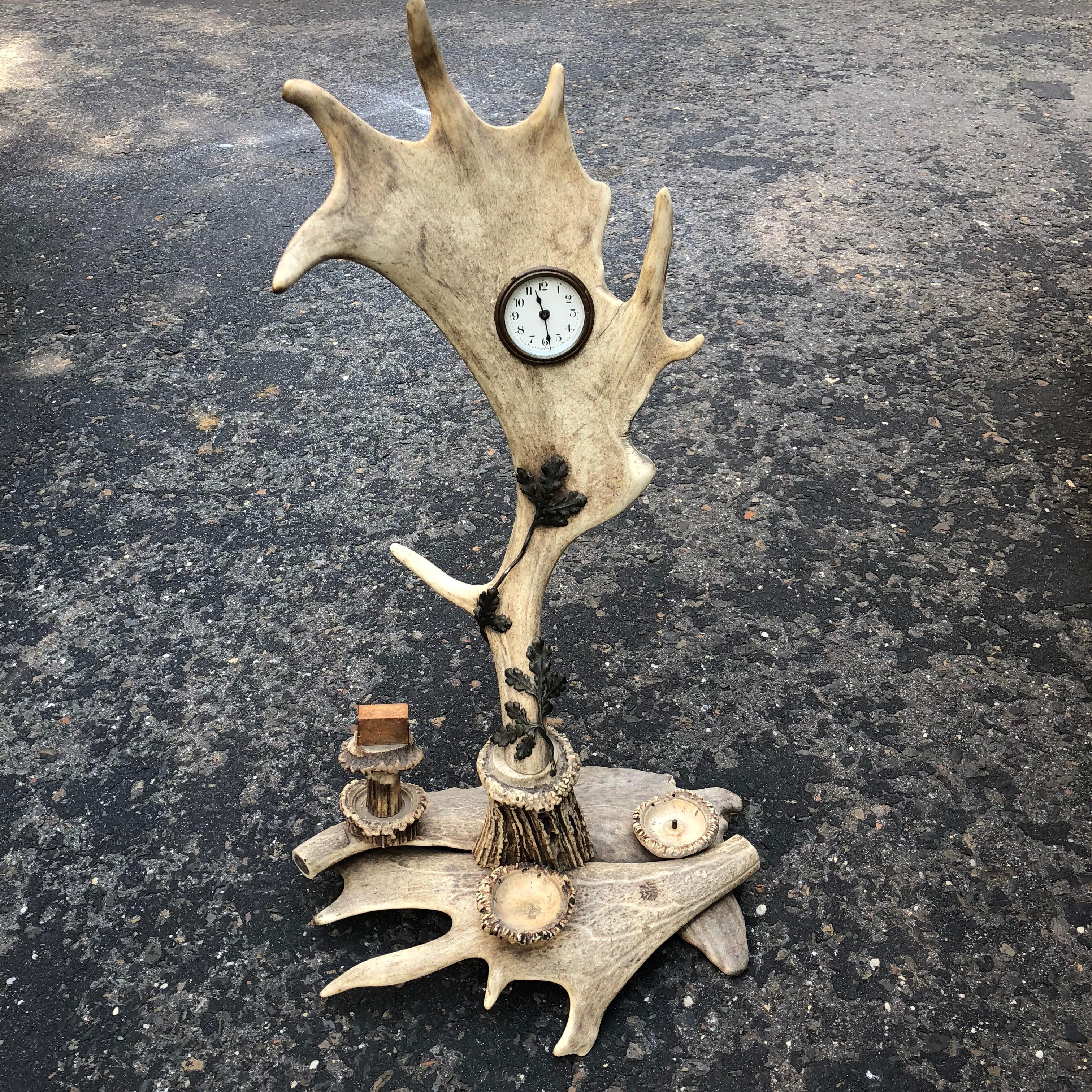 Large Antler Table Clock, Centerpiece And Smoke Stand For Sale 12