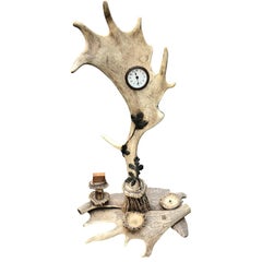 Large Antler Table Clock, Centerpiece And Smoke Stand