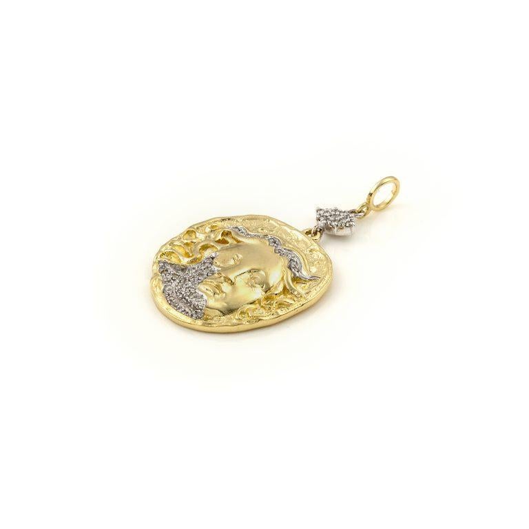 Recycled 14K Yellow Gold

Diamonds Approx. 0.31 ct

Jewel Size: 4.3×2.6 cm/ 1.69x 1 inches

The pendant is sold WITHOUT a chain.

Large Apollo Coin Pendant in Gold and Diamonds.

In a hot day in a the remote rocky island a love child was born, who