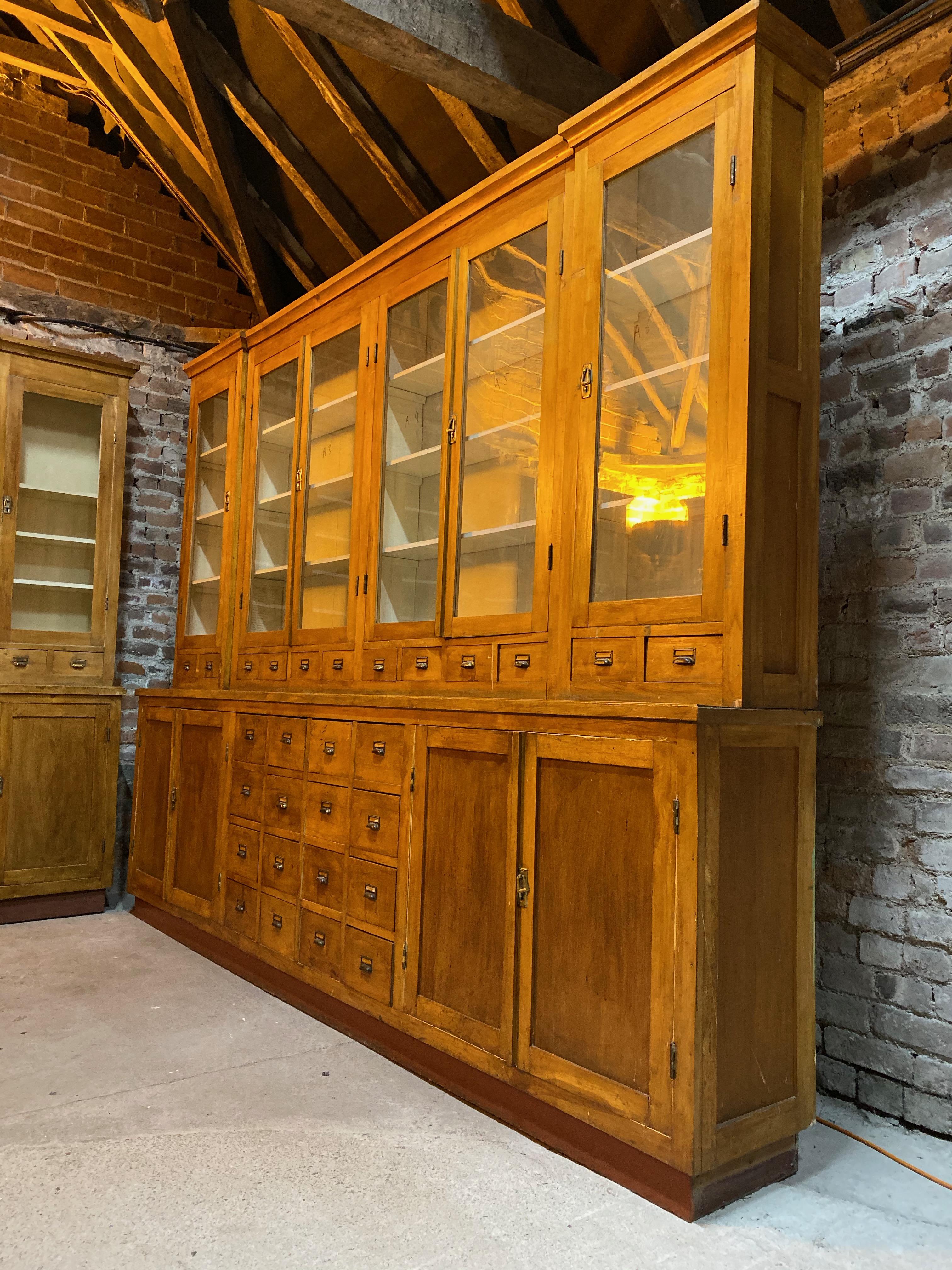 Large Apothecary Display Cabinet Pharmacy Chemist Shop, circa 1920s Number 1

Magnificent breakfront Apothecary Pharmacy beech display cabinet dating to circa 1920s, This piece is one of six similar pieces all from the same pharmacy, the upper