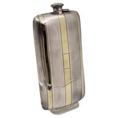 Large Applied 14k Gold and Sterling Silver Striped Flask in Art Deco Style