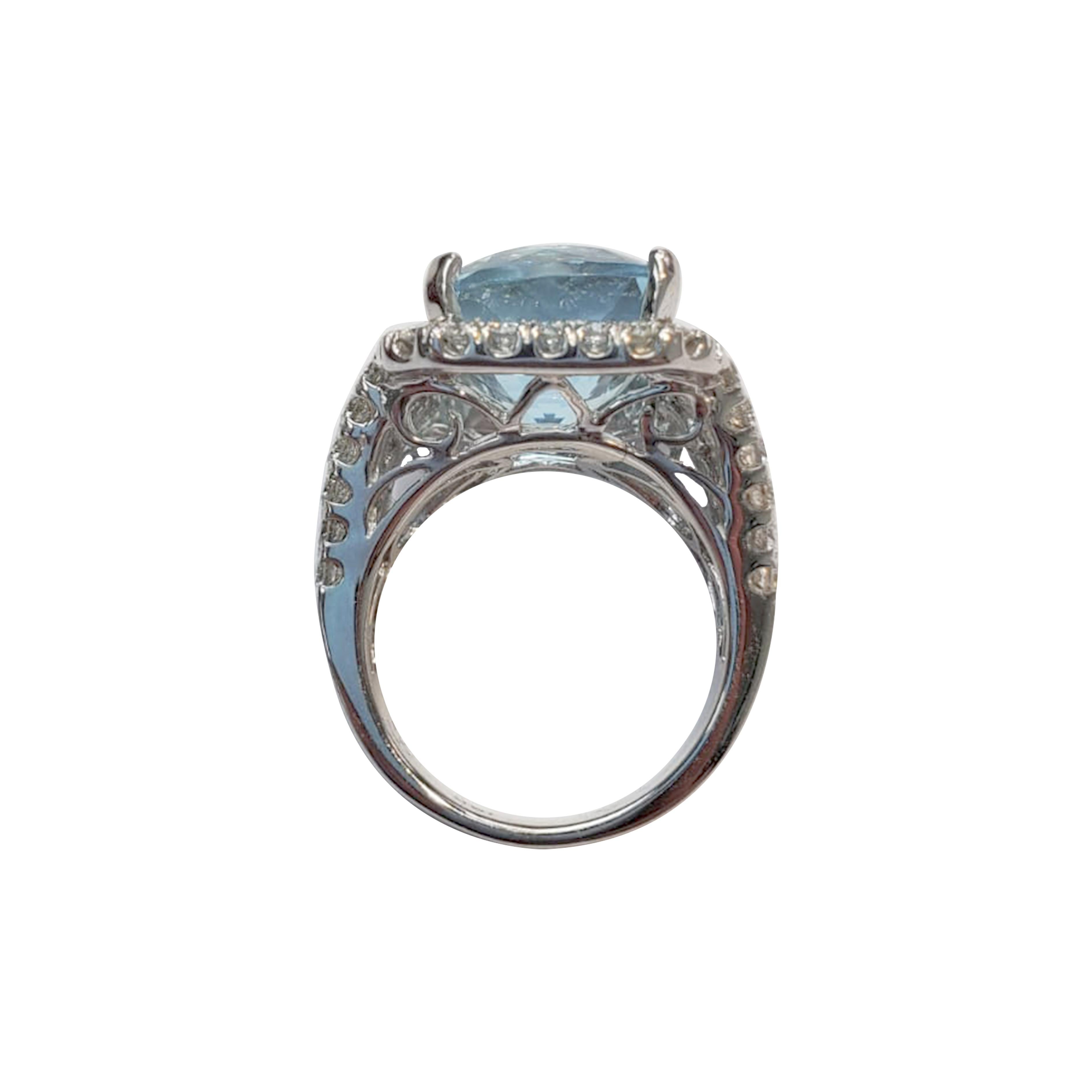 Large Aqua Stone 'Cushion Cut' Ring with White Diamonds and White Gold In New Condition In Great Neck, NY