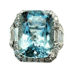 Large Aqua Stone 'Cushion Cut' Ring with White Diamonds and White Gold