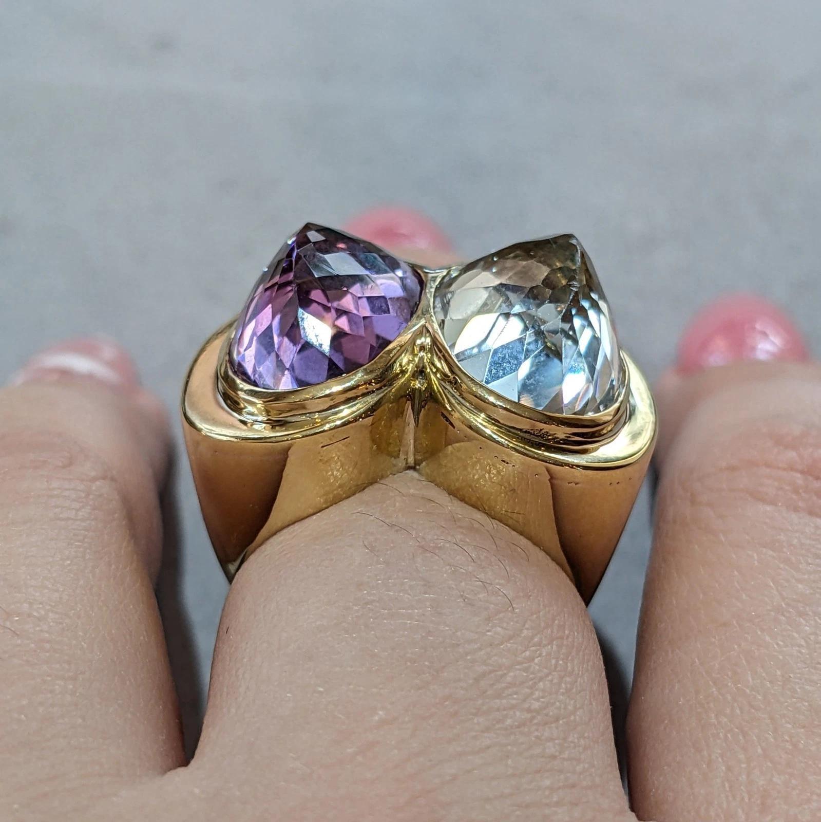 Mixed Cut Large Aquamarine and Amethyst Statement Ring in 18k Yellow Gold For Sale
