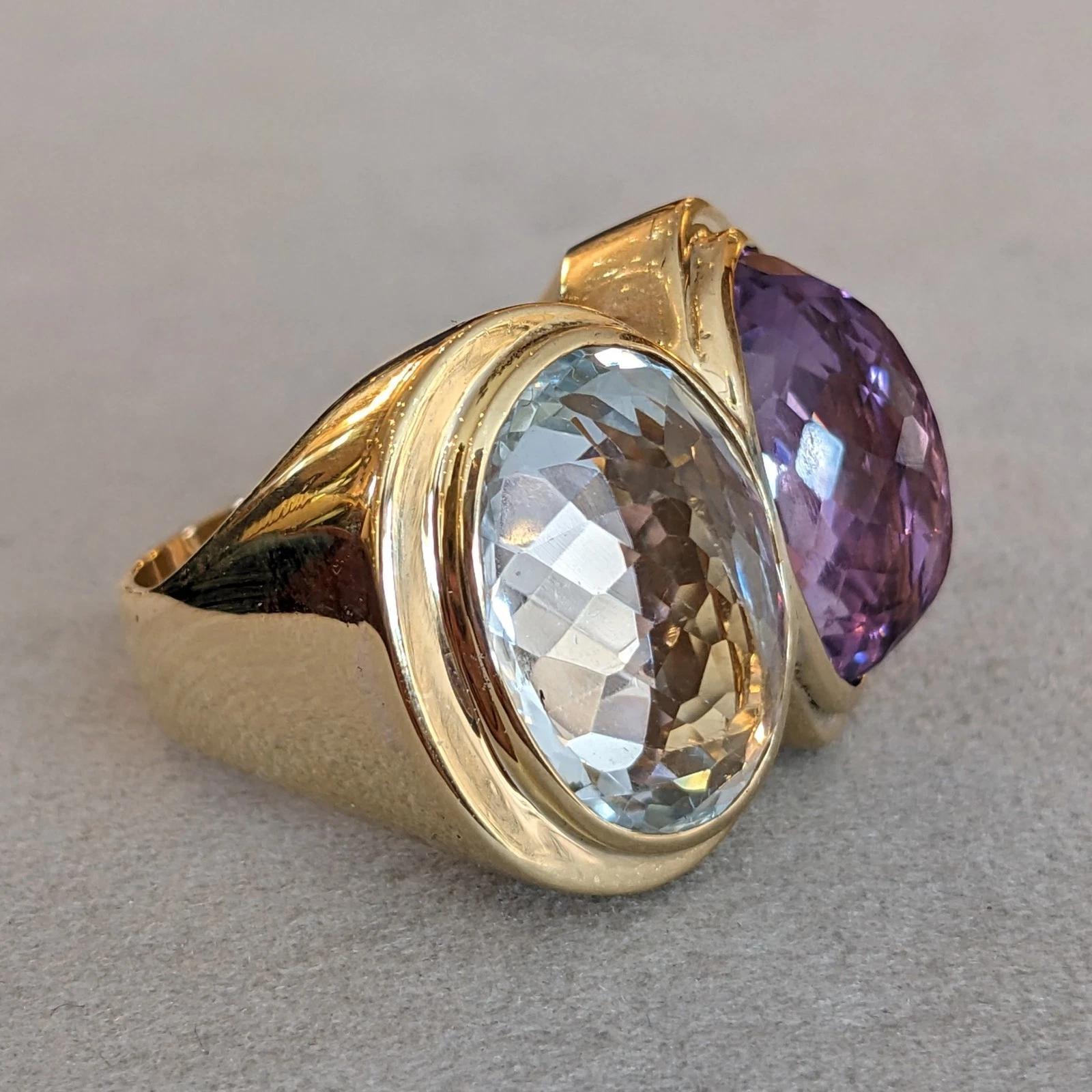 Women's Large Aquamarine and Amethyst Statement Ring in 18k Yellow Gold For Sale