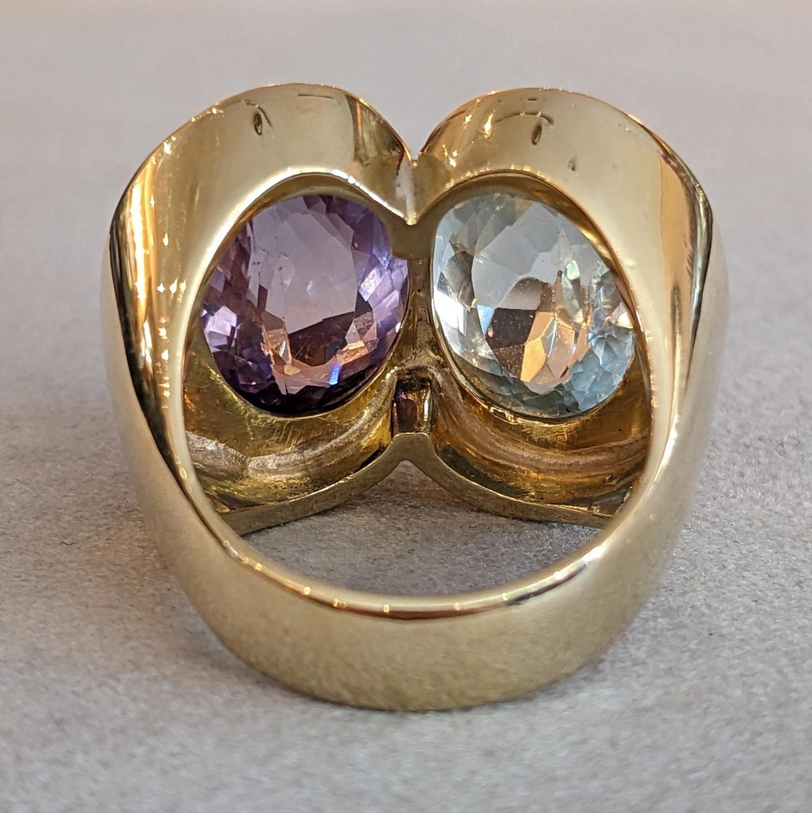 Large Aquamarine and Amethyst Statement Ring in 18k Yellow Gold For Sale 1