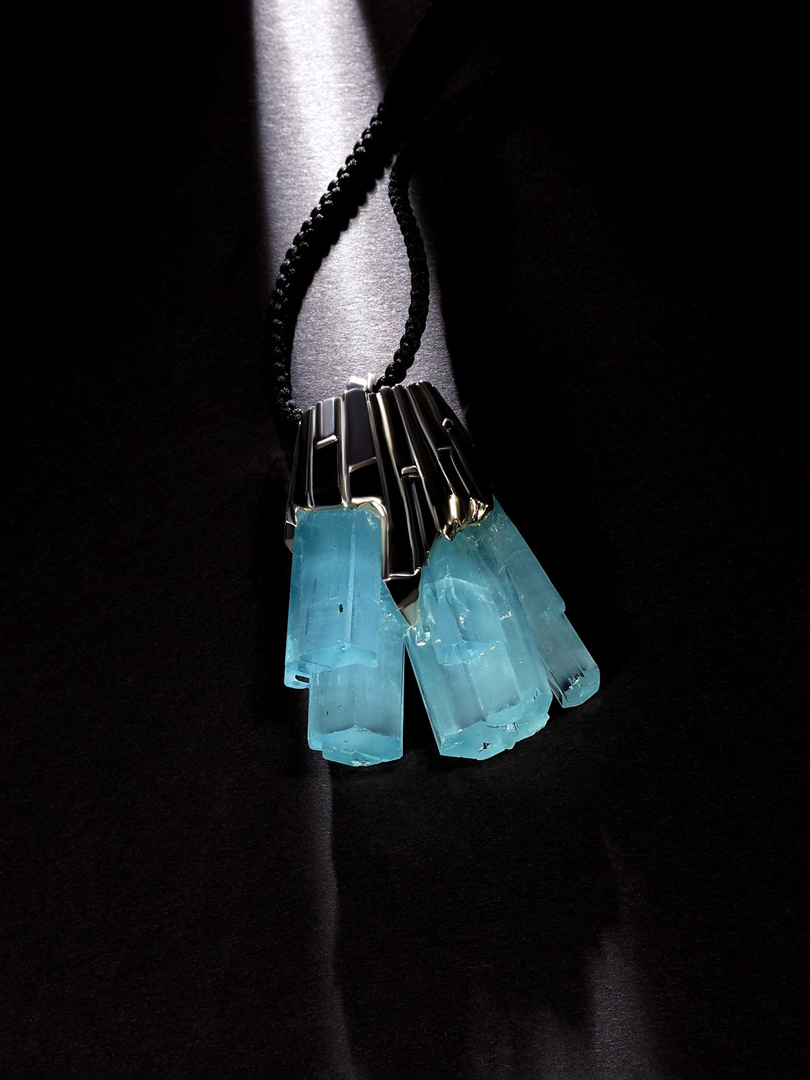 Large silver pendant with Aquamarine crystal on black cord, 100% silk, made in Japan
Aquamarine crystal origin - Pakistan 
Aquamarine weight 352 carats
pendant weight 119 grams
pendant height - 85 mm / 3.35 in
Aquamarine crystal measurements - 1.77