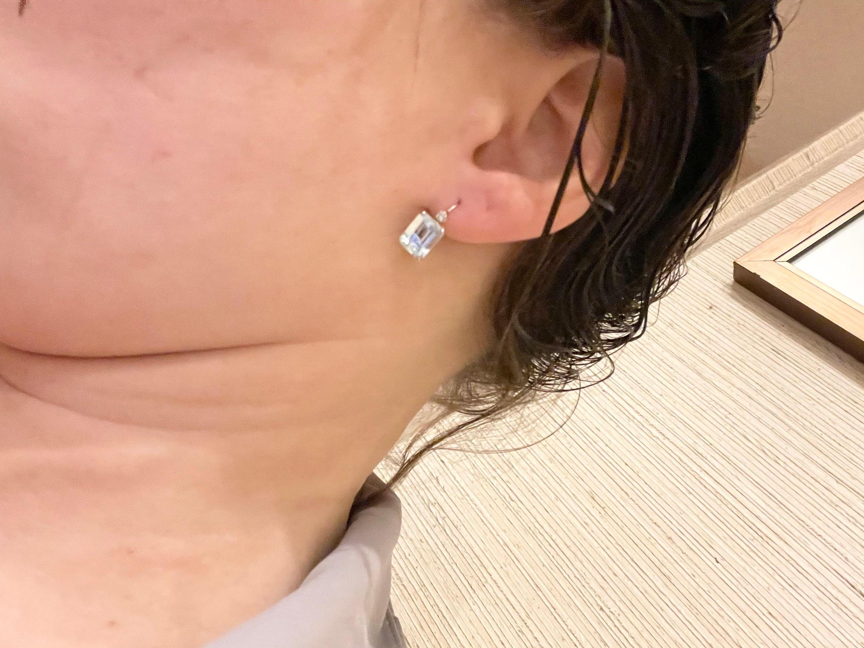 Emerald Cut Large Aquamarine Diamond earrings Lever back closure 14KT white gold 12mm stones For Sale